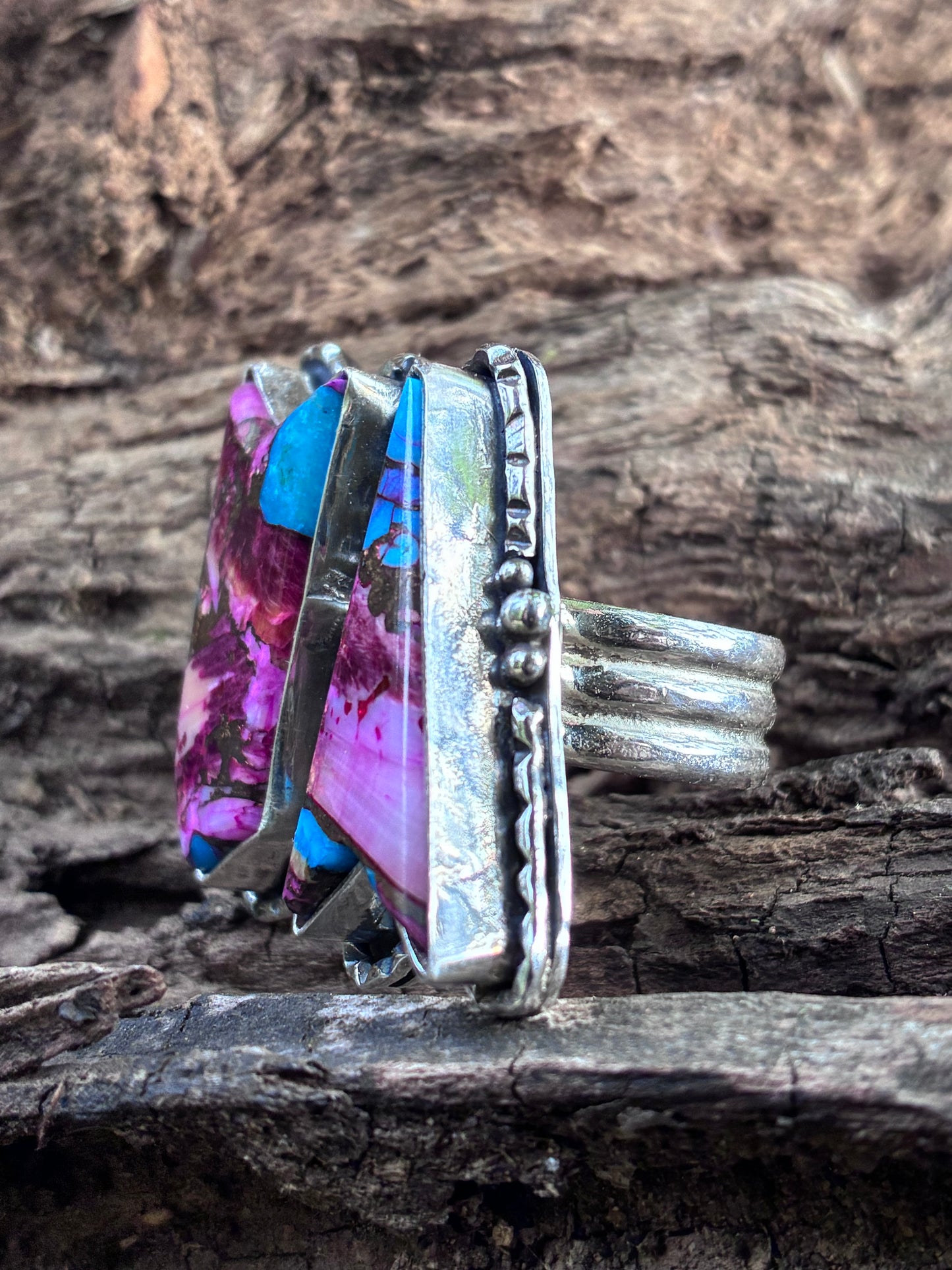 Spiny Oyster & Turquoise Ring — Size 7 Adjustable — Sterling Silver Statement Ring