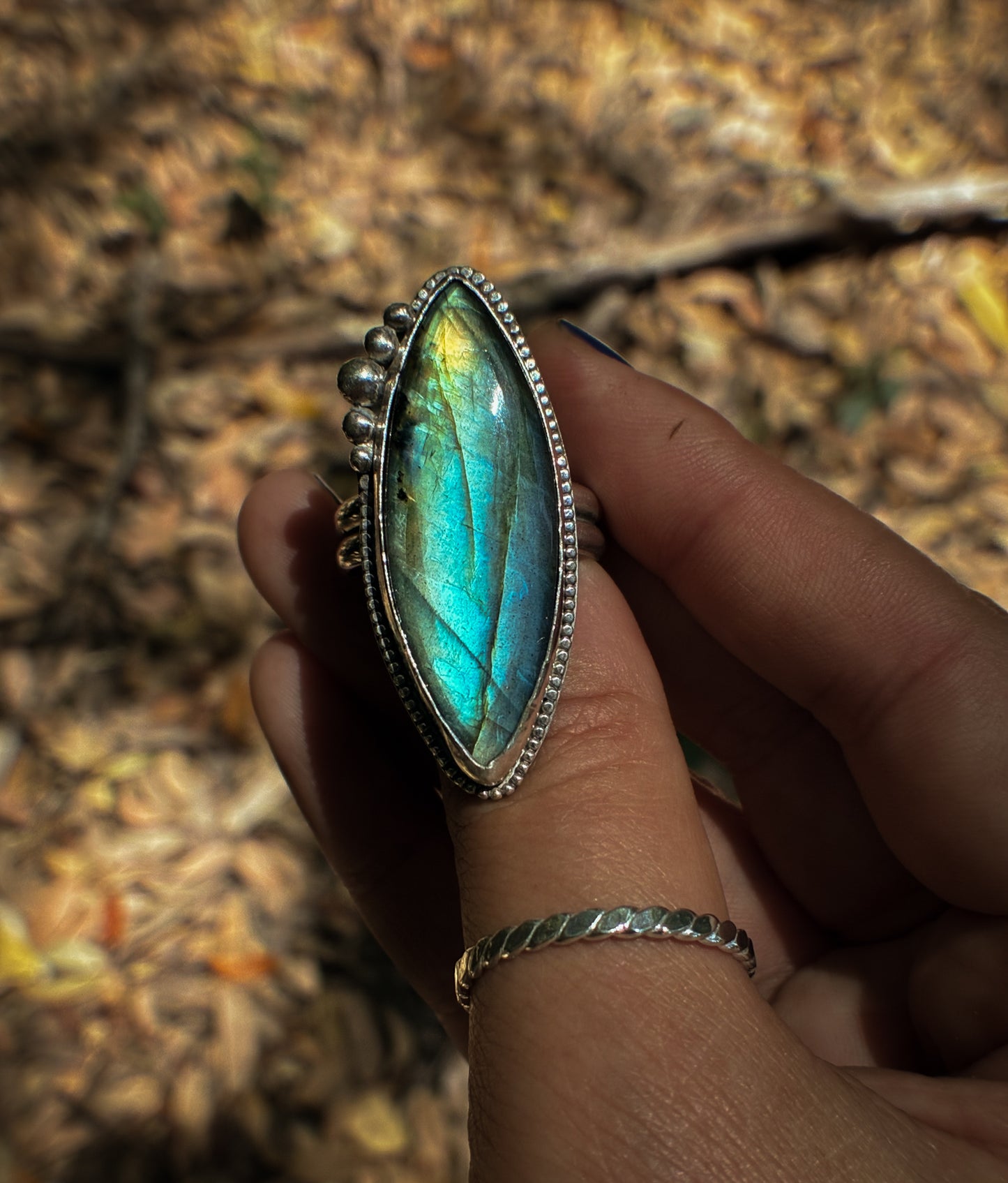 Blue Fire Marquise Labradorite Ring - Size 10
