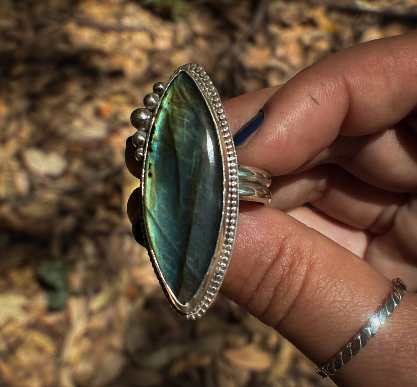 Blue Fire Marquise Labradorite Ring - Size 10