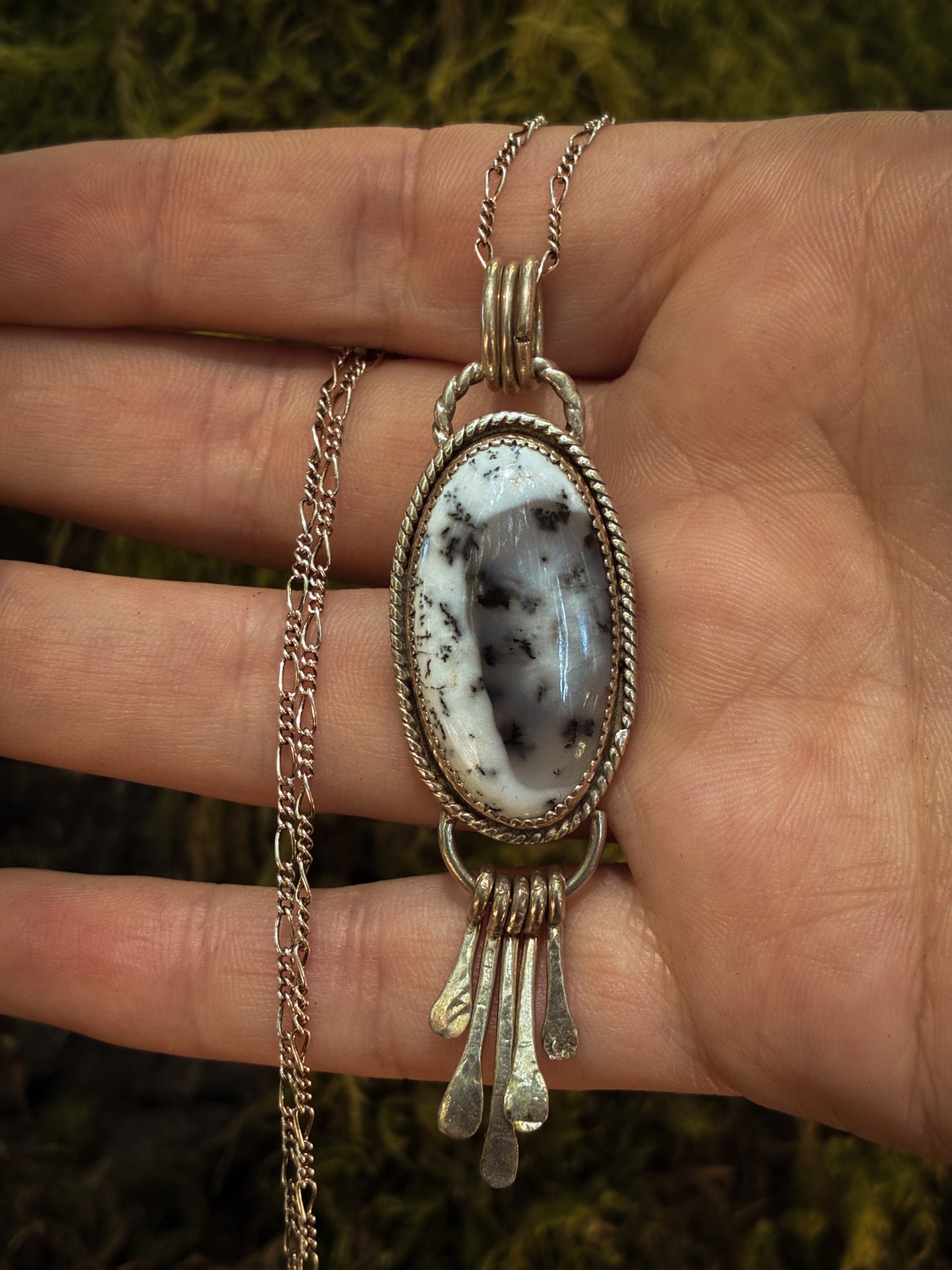 Dendritic Stone & Sterling Silver Fringe Pendant Necklace