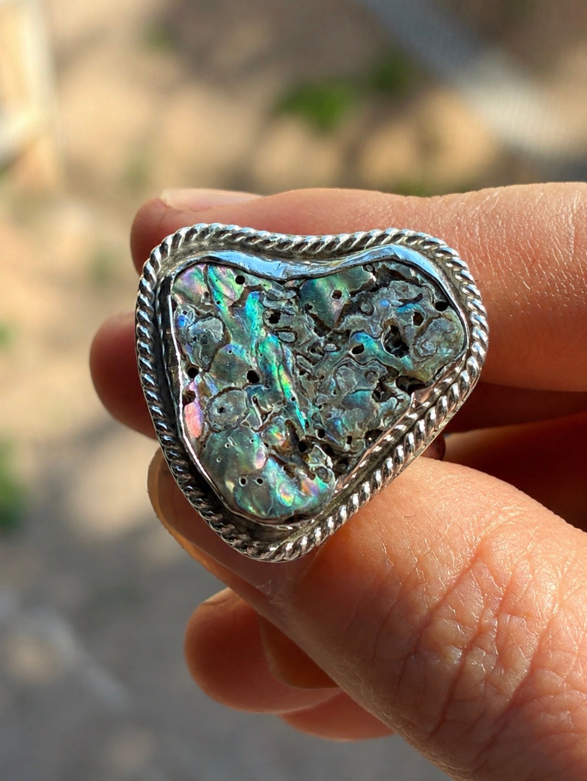 Abalone Heart Statement Ring — Size 8