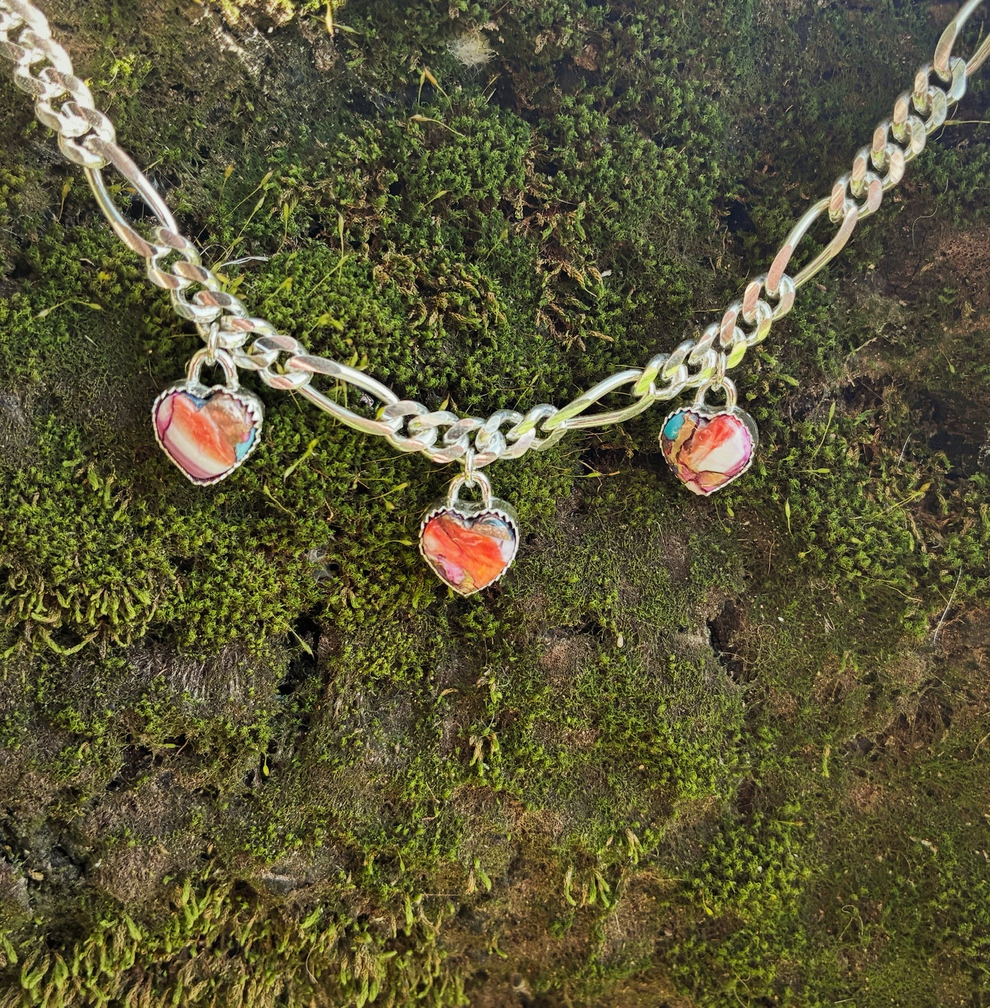 Pink Oyster Shell Triple Heart Charm Necklace – Sterling Silver