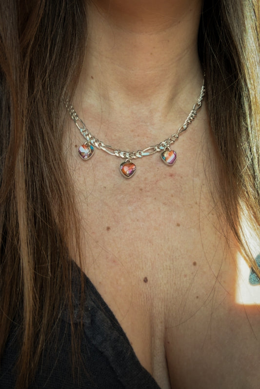 Pink Oyster Shell Triple Heart Charm Necklace – Sterling Silver