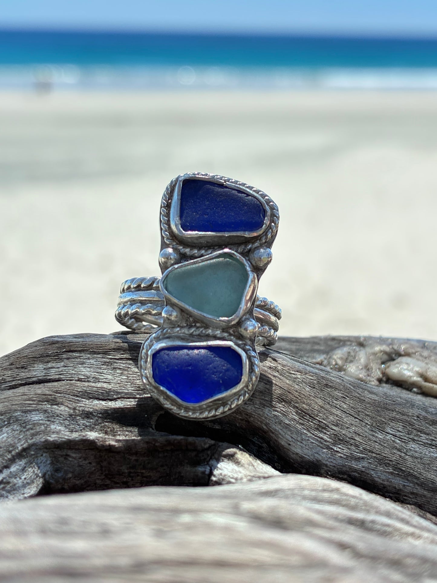Mendocino Blue Sea Glass Ring – Sterling Silver – Size 8.25