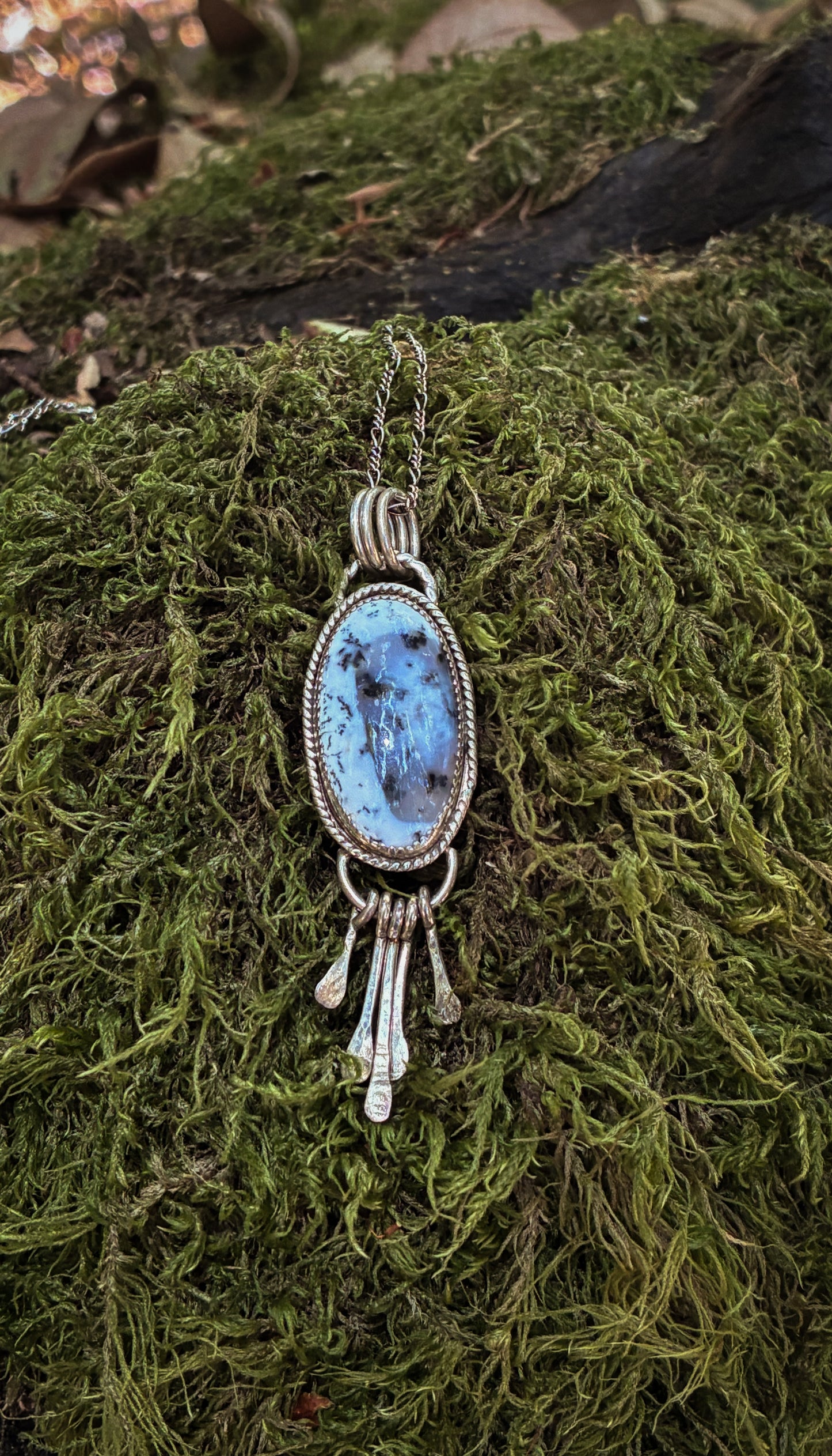 Dendritic Stone & Sterling Silver Fringe Pendant Necklace