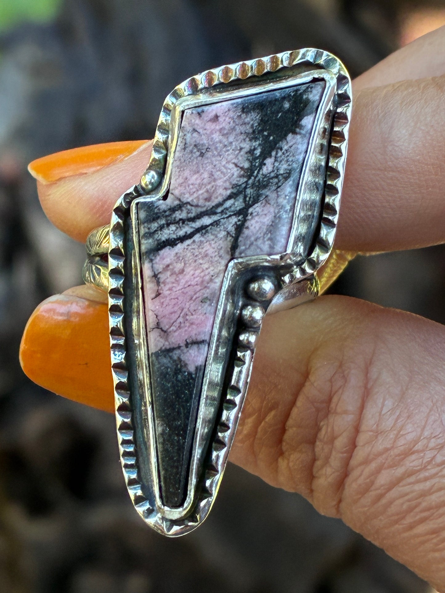 Pink Rhodonite Statement Ring Size 7.75 – Sterling Silver Handmade Ring – One of a Kind Artisan Jewelry