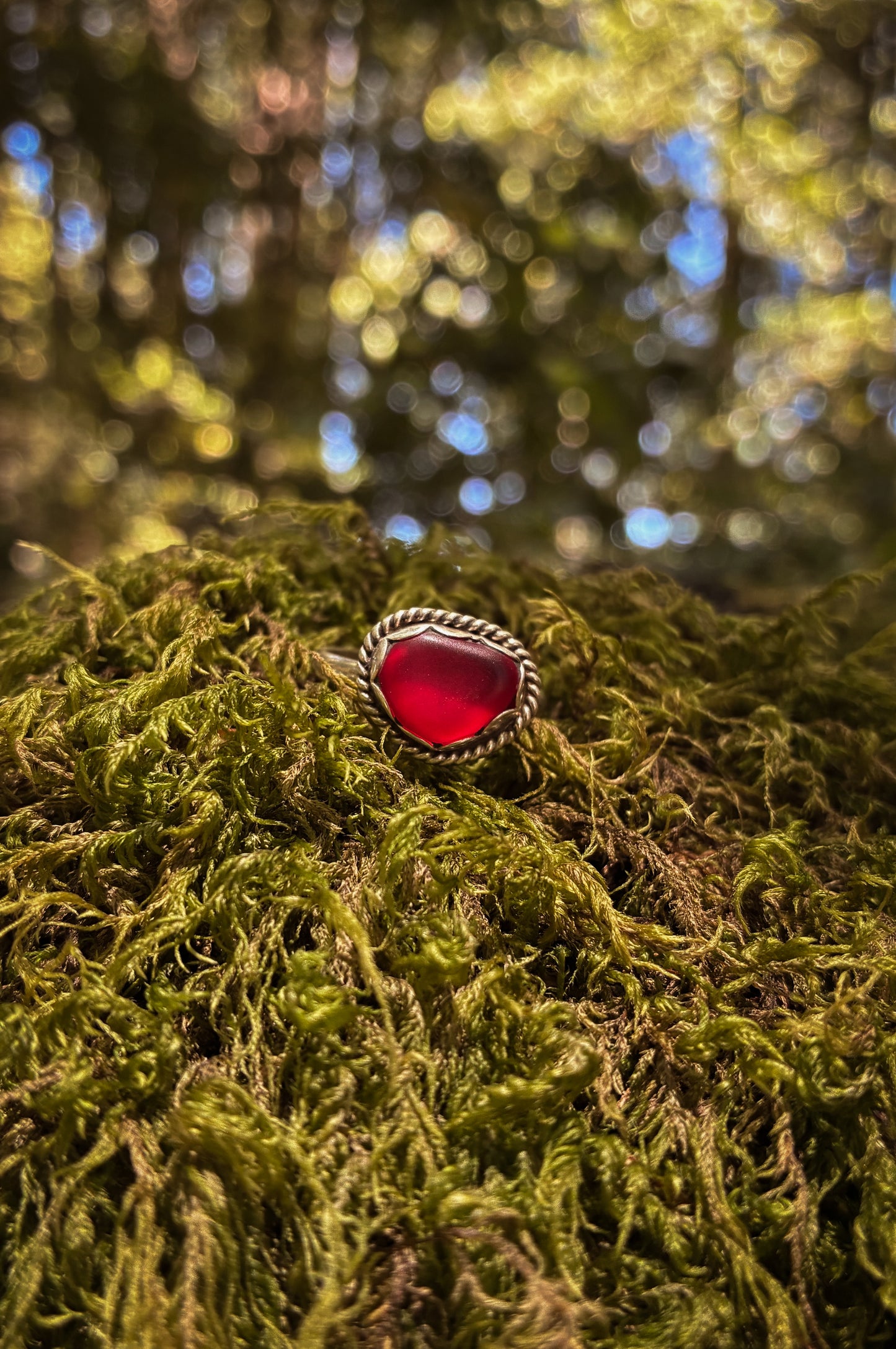 Crimson Sea Glass Ring - Size 9