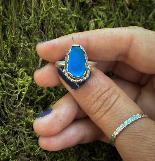 Deep Blue Sea Glass Ring - Size 7