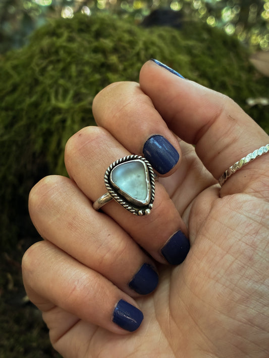 Teal Horizon Sea Glass Ring - Size 8.5