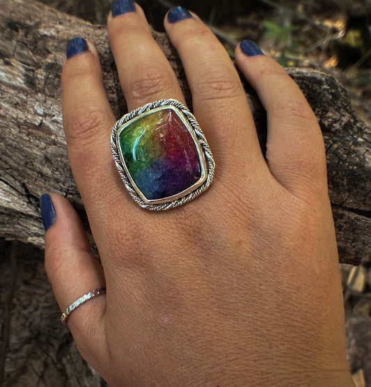 Rainbow Aura Quartz Statement Ring - Size 10.25