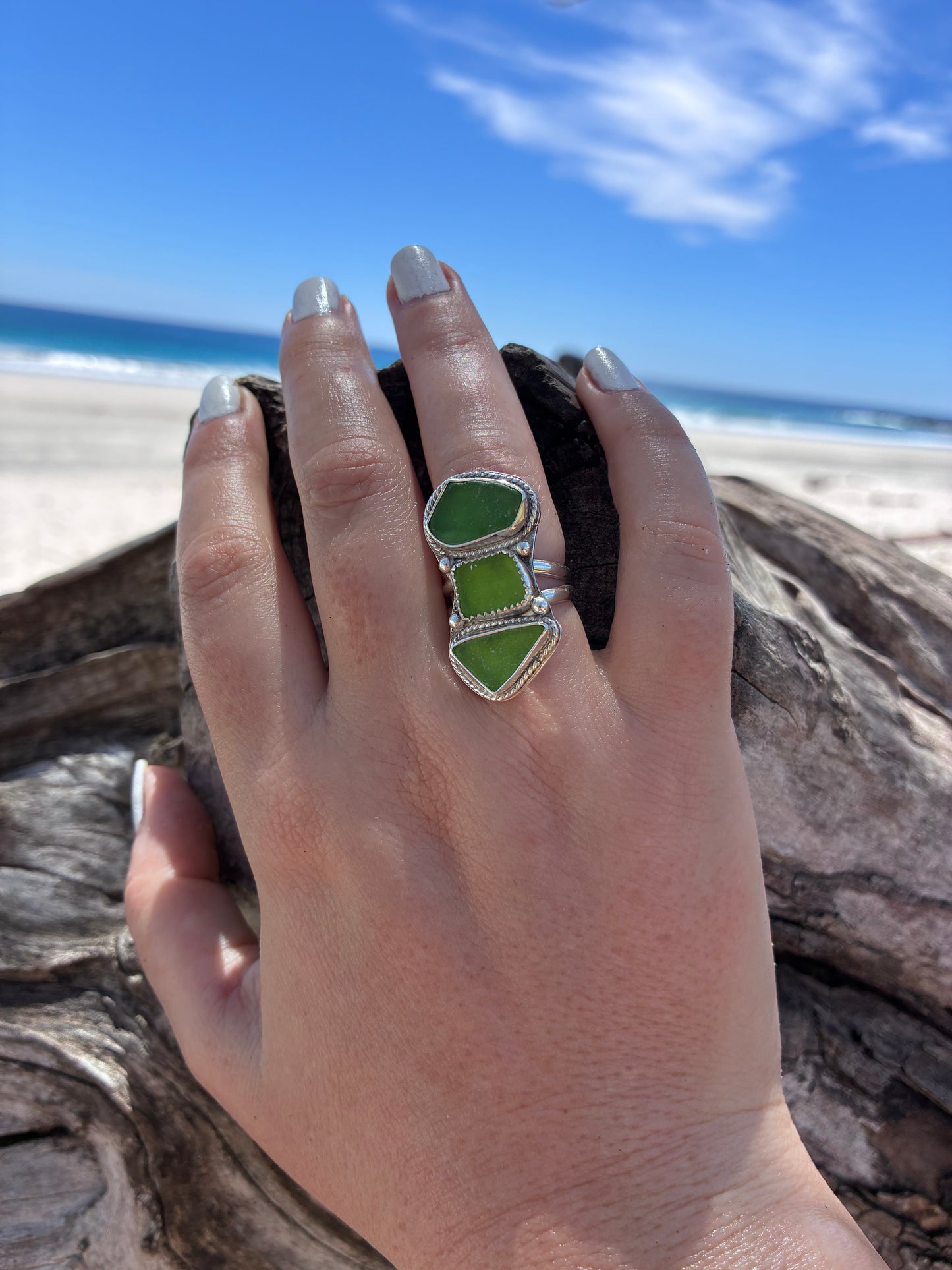 Mendocino Green Sea Glass Ring – Sterling Silver – Size 7