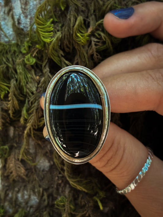 Black Banded Agate Lightning Ring - Size 8.5