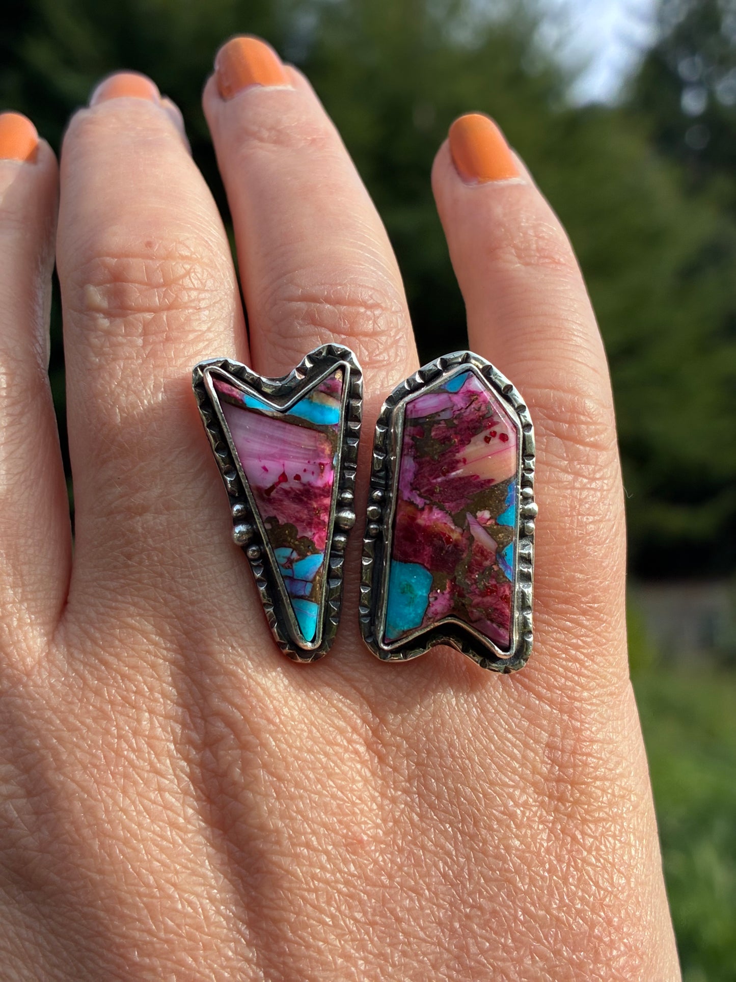 Spiny Oyster & Turquoise Ring — Size 7 Adjustable — Sterling Silver Statement Ring