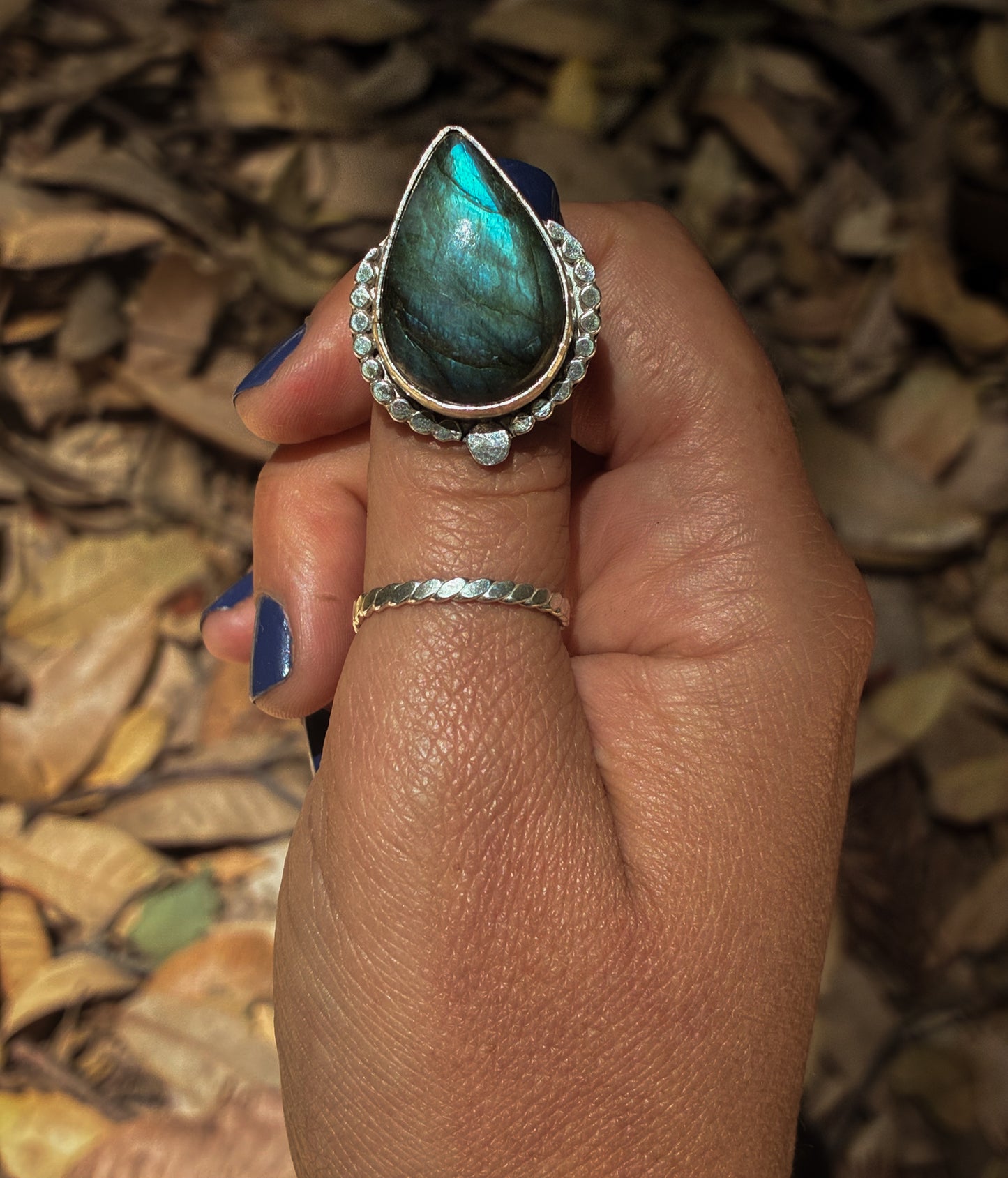 Labradorite Halo Ring with Beaded Frame - Size 6.5