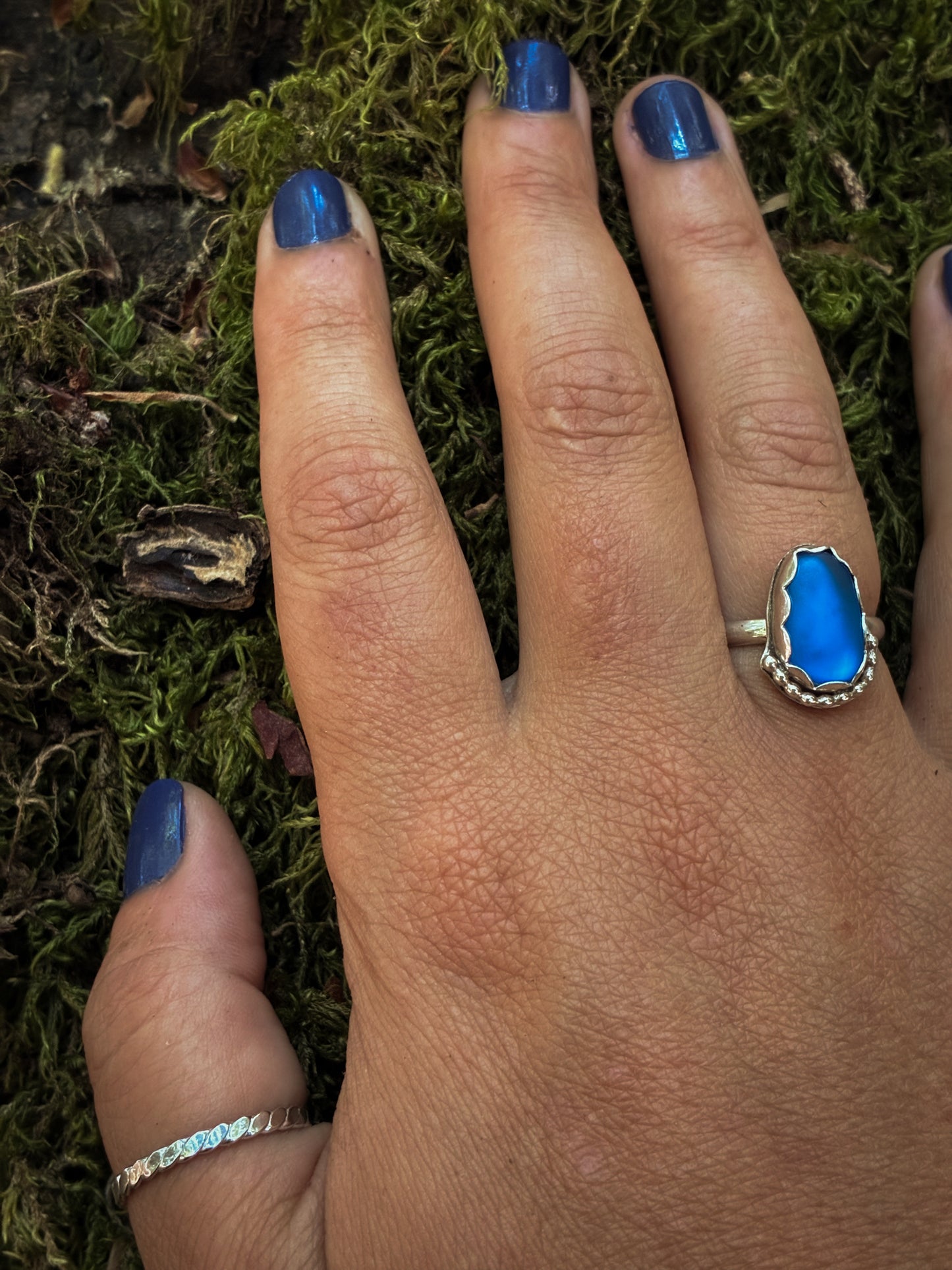 Deep Blue Sea Glass Ring - Size 7