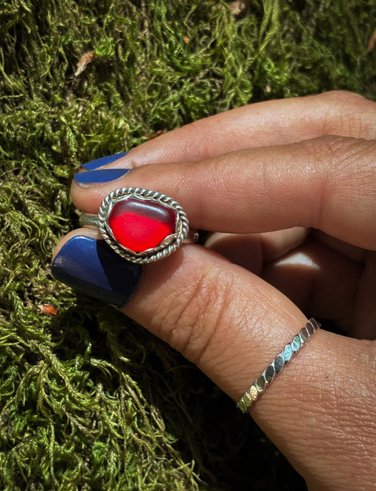 Crimson Sea Glass Ring - Size 9