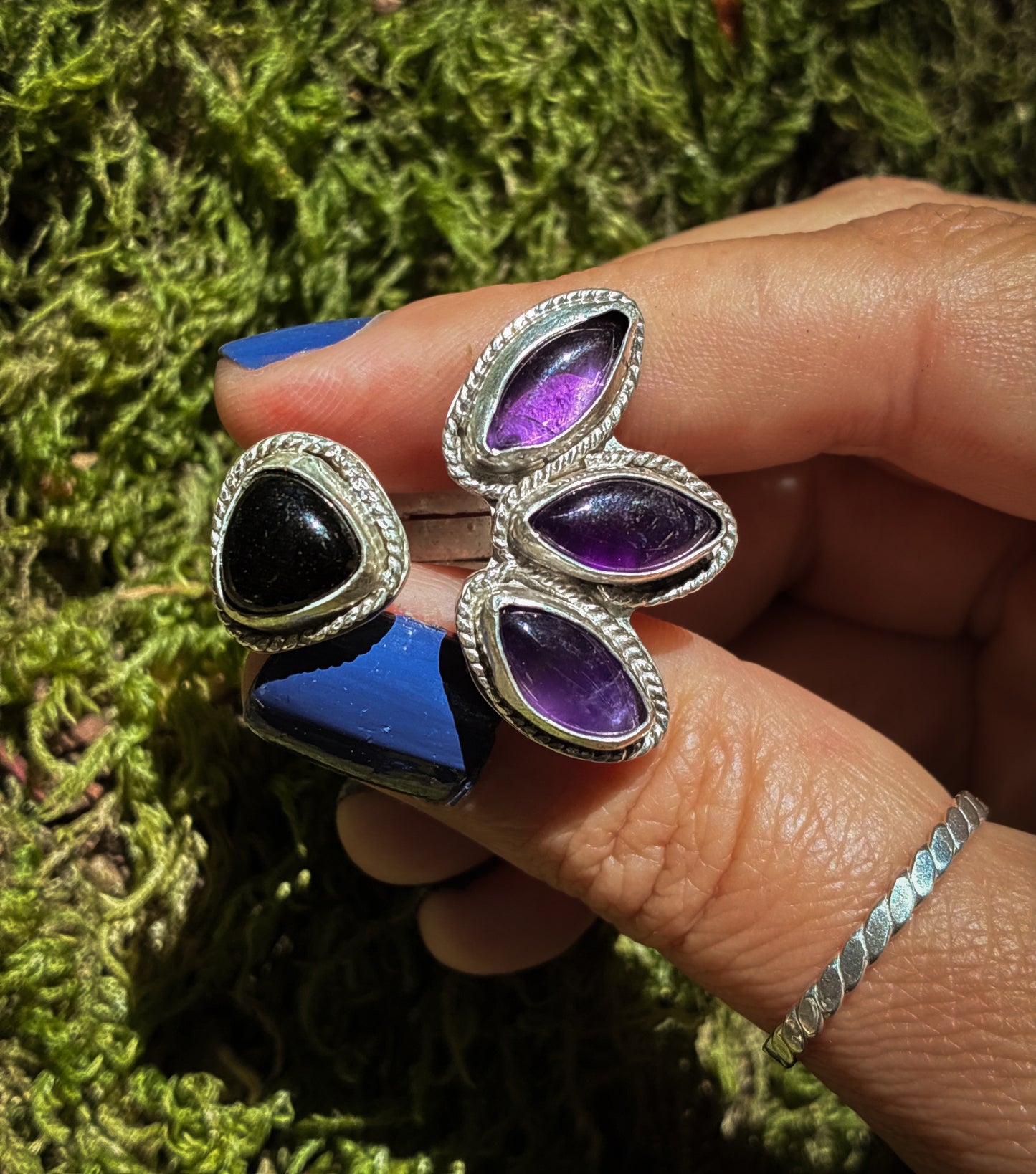 Amethyst & Onyx Triple Moon Ring - Size 4