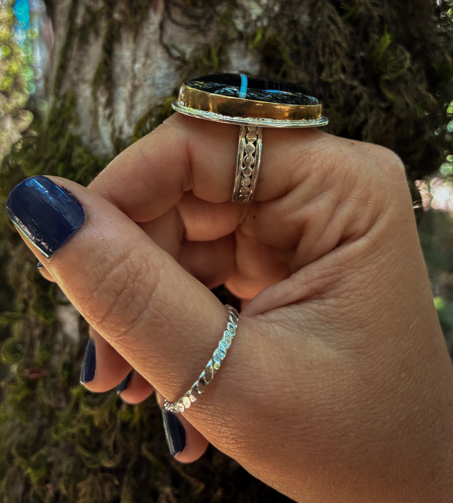 Black Banded Agate Lightning Ring - Size 8.5