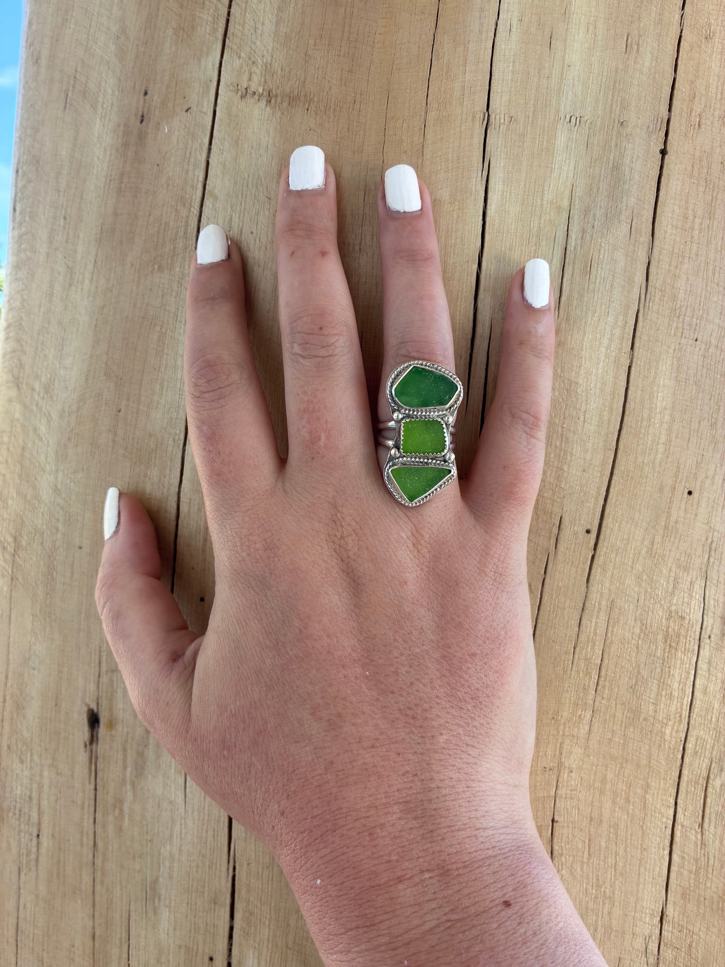 Mendocino Green Sea Glass Ring – Sterling Silver – Size 7