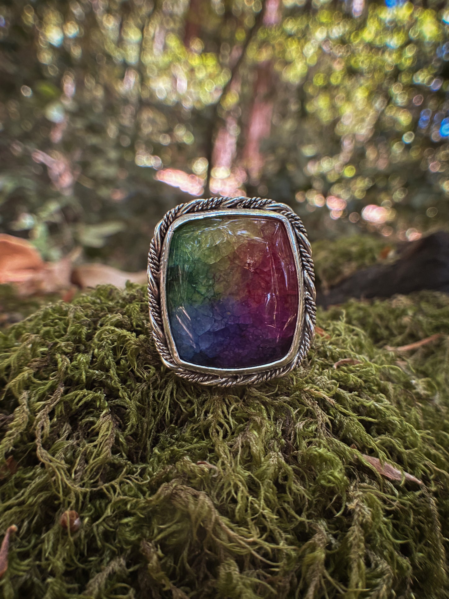 Rainbow Aura Quartz Statement Ring - Size 10.25