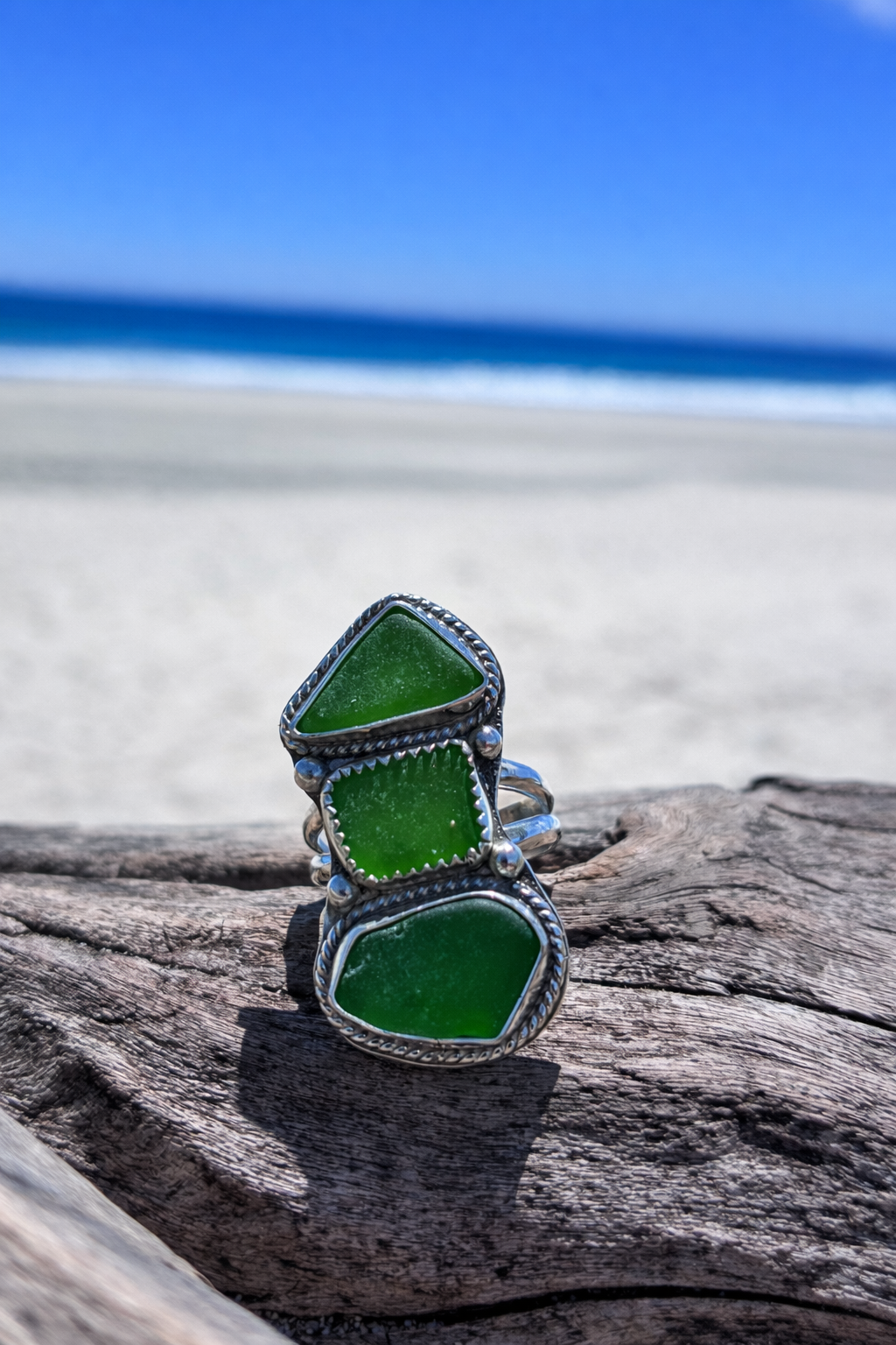 Mendocino Green Sea Glass Ring – Sterling Silver – Size 7