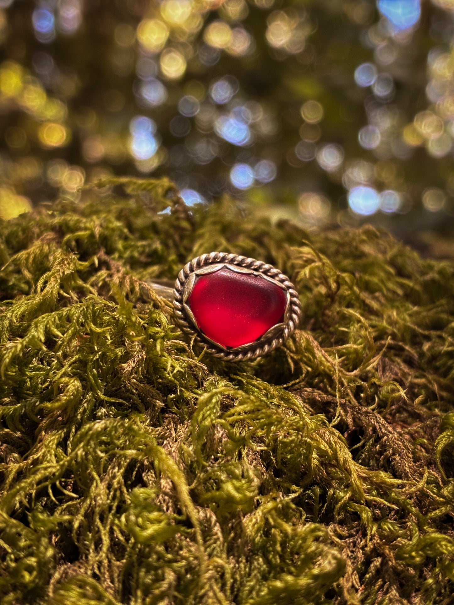Crimson Sea Glass Ring - Size 9
