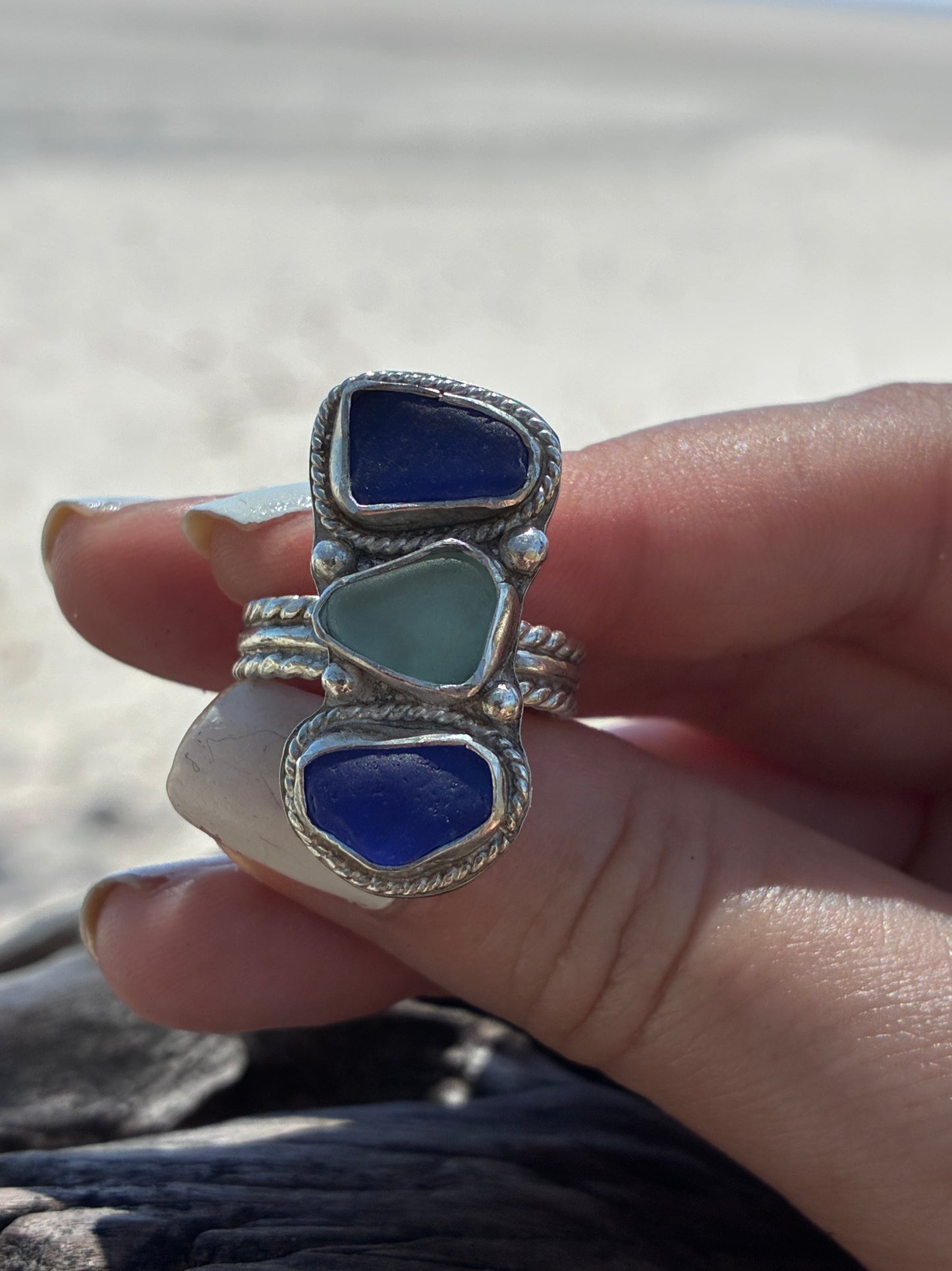 Mendocino Blue Sea Glass Ring – Sterling Silver – Size 8.25
