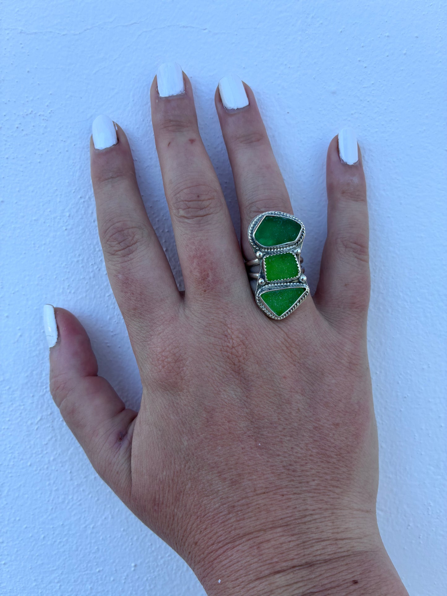 Mendocino Green Sea Glass Ring – Sterling Silver – Size 7