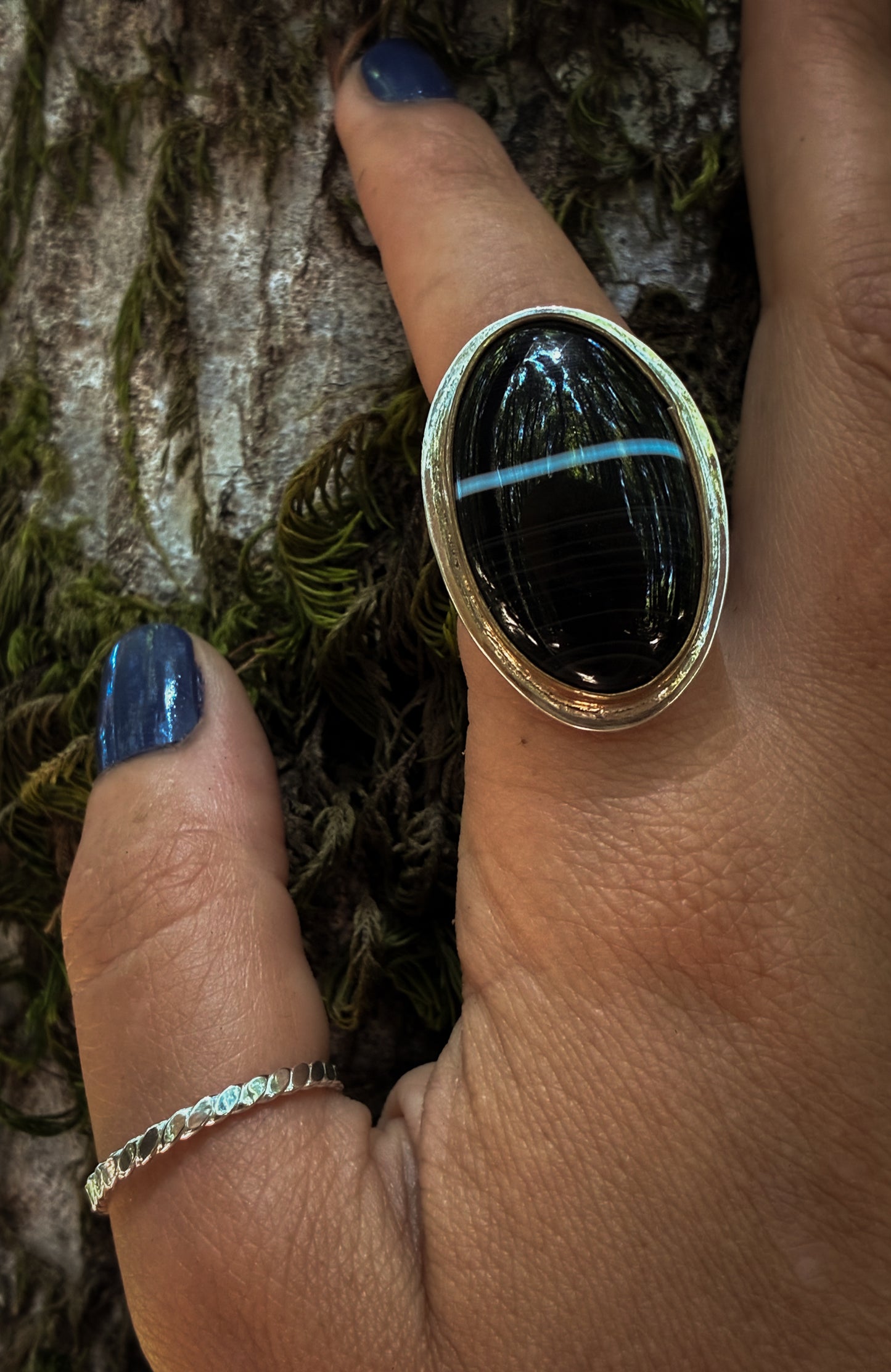 Black Banded Agate Lightning Ring - Size 8.5