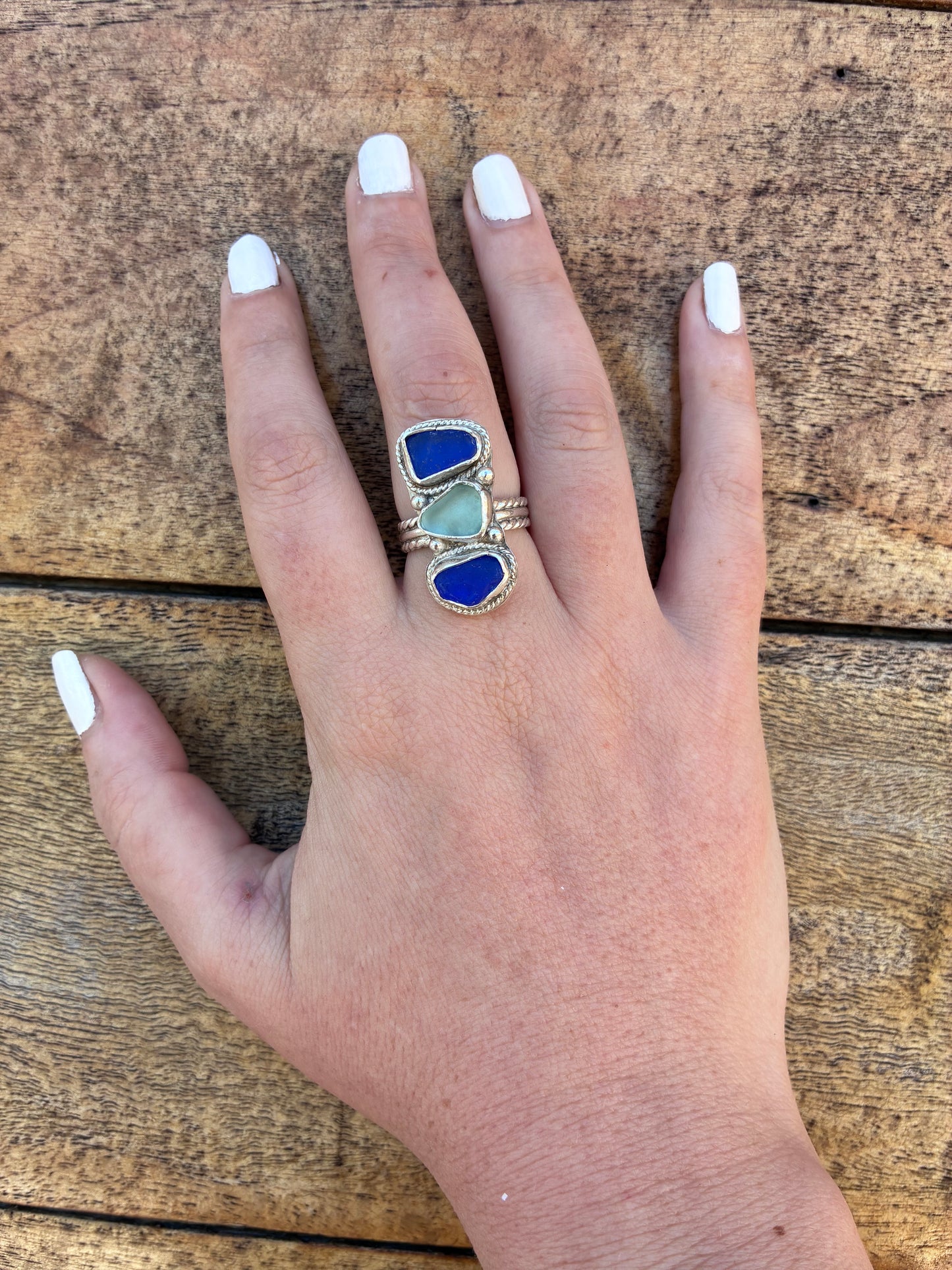 Mendocino Blue Sea Glass Ring – Sterling Silver – Size 8.25