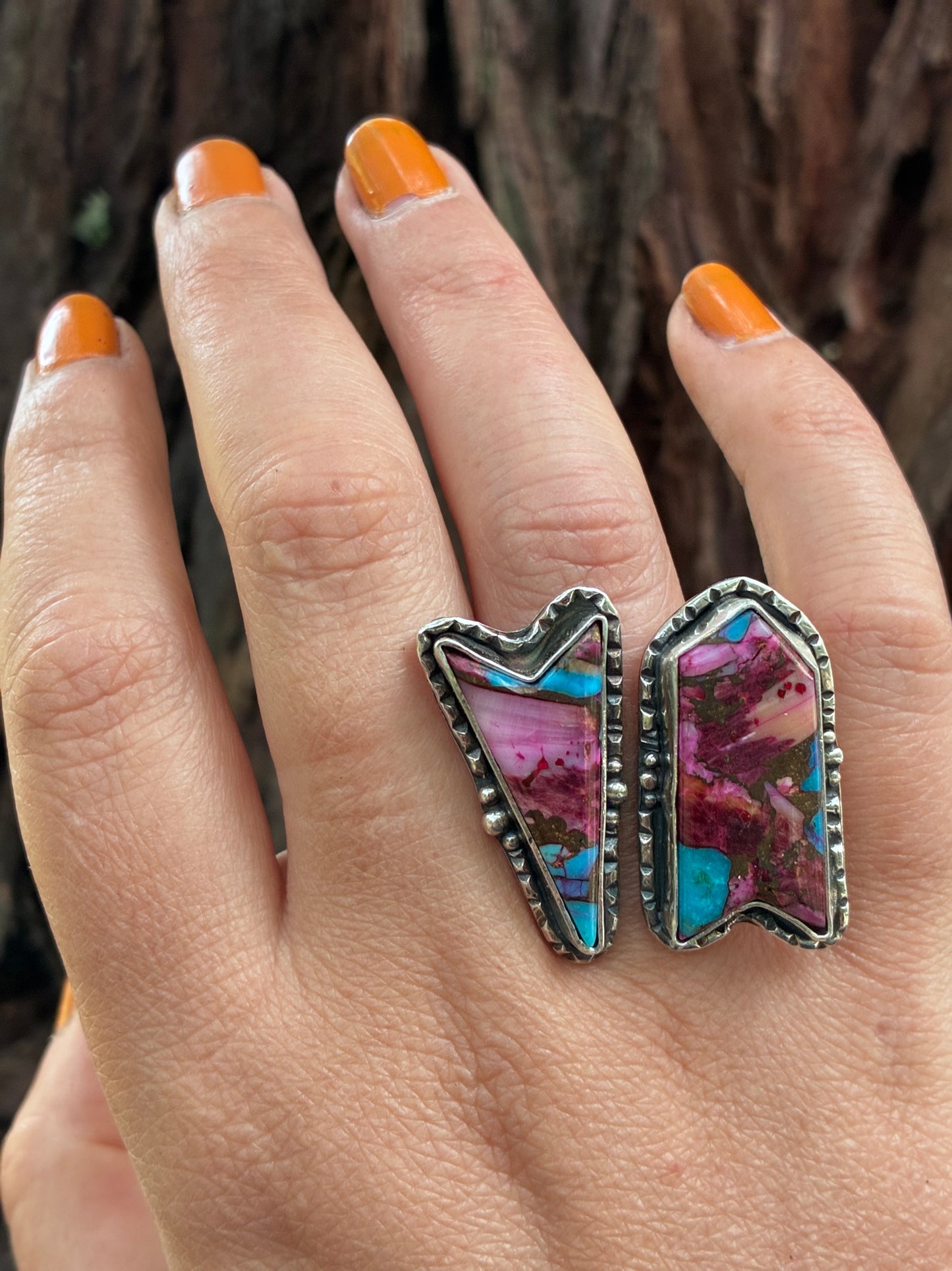 Spiny Oyster & Turquoise Ring — Size 7 Adjustable — Sterling Silver Statement Ring