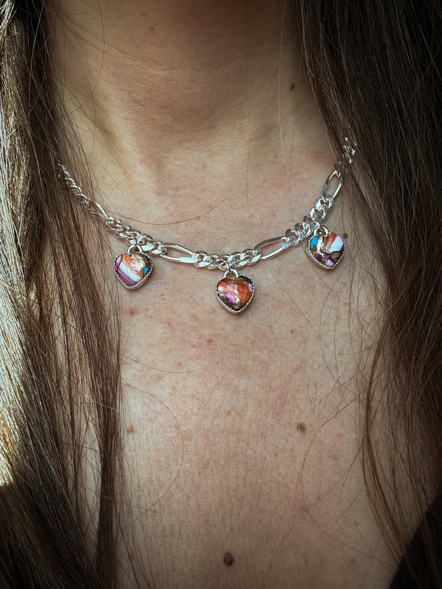 Pink Oyster Shell Triple Heart Charm Necklace – Sterling Silver