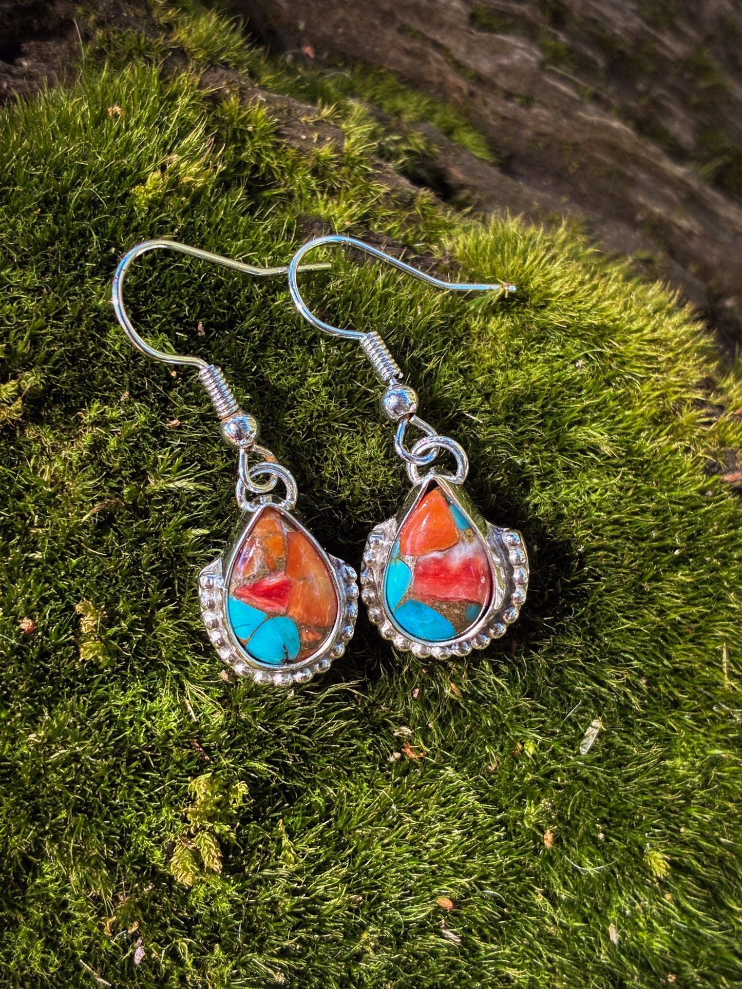 Turquoise & Coral Teardrop Earrings – Sterling Silver