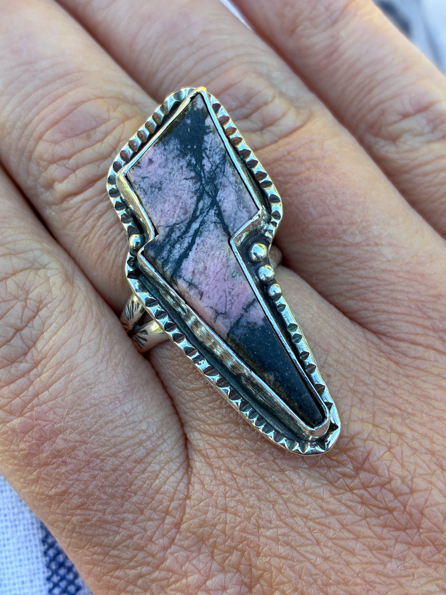 Pink Rhodonite Statement Ring Size 7.75 – Sterling Silver Handmade Ring – One of a Kind Artisan Jewelry