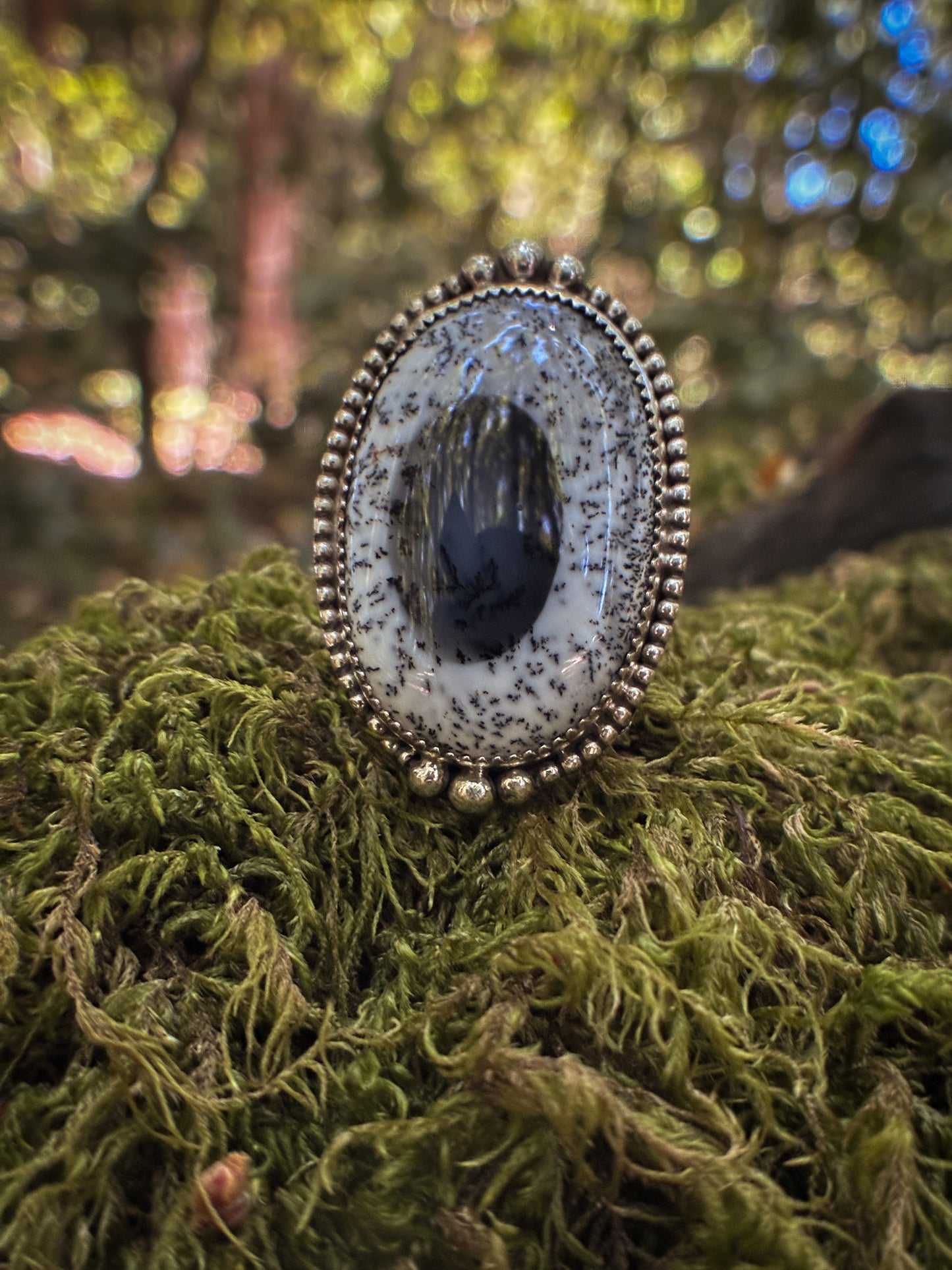 Dendritic Agate Forest Ring - Size 10.5