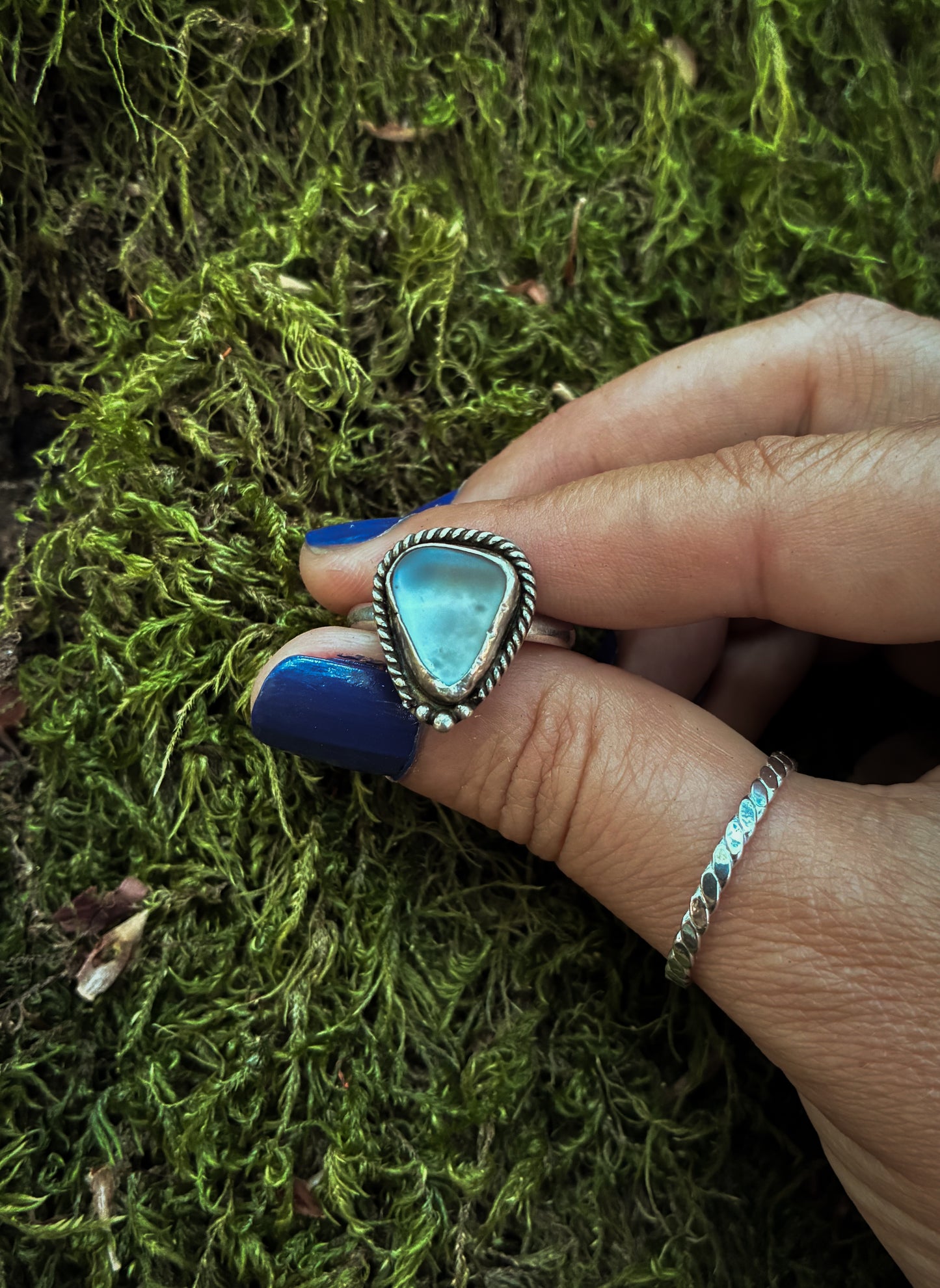 Teal Horizon Sea Glass Ring - Size 8.5