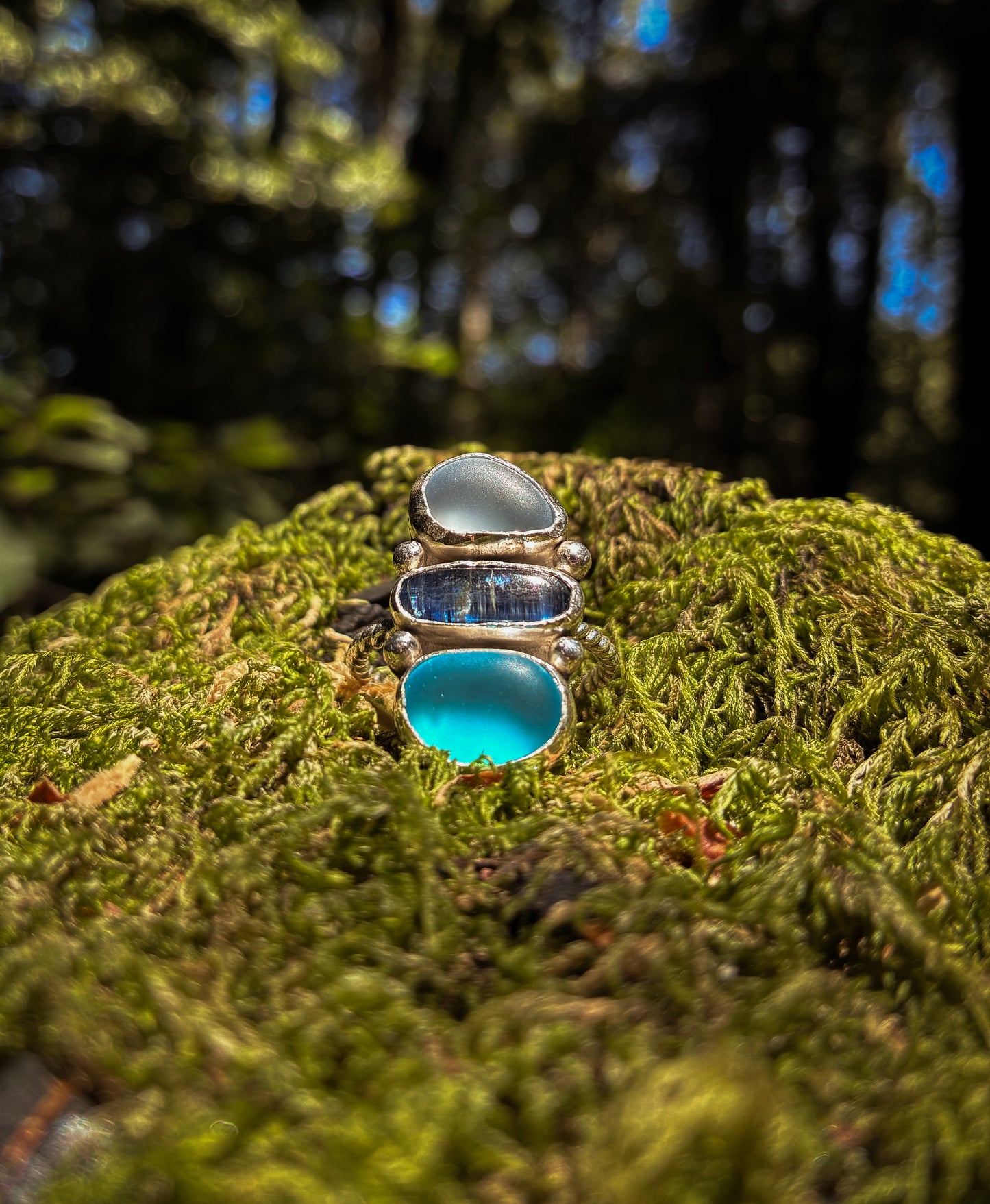 Ocean Totem Ring – Sea Glass, Kyanite & Aqua Glass - Size 11