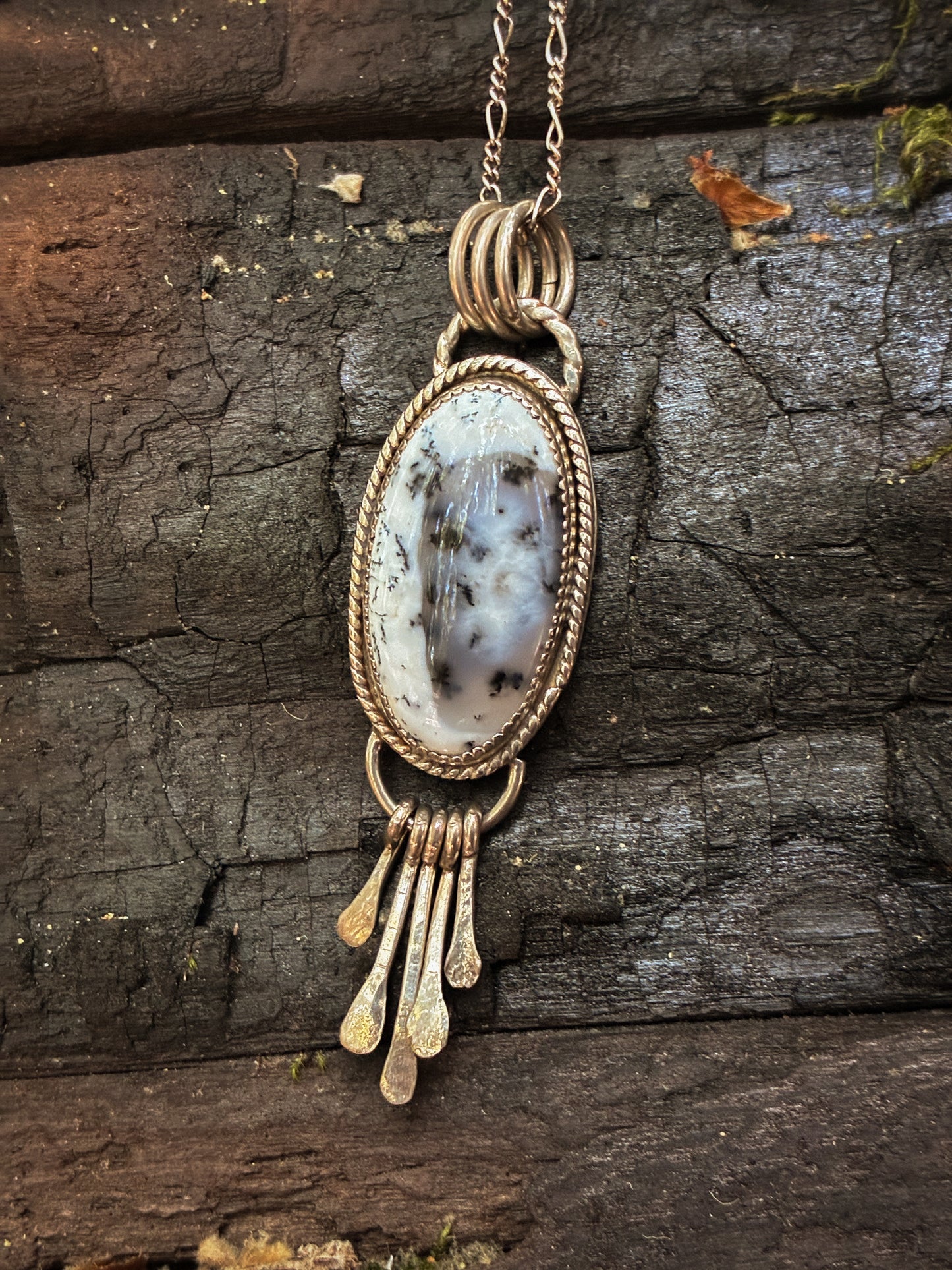 Dendritic Stone & Sterling Silver Fringe Pendant Necklace