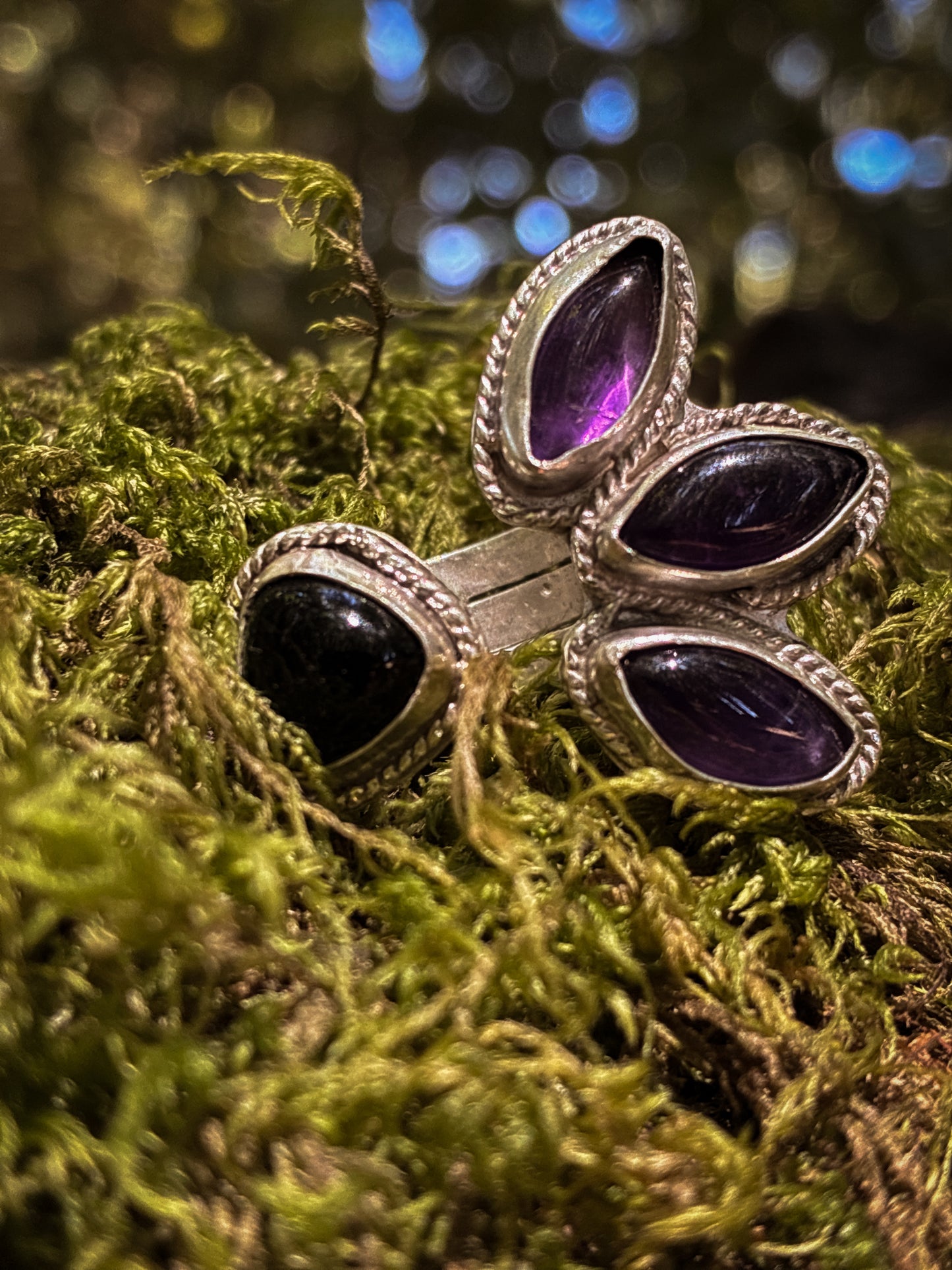 Amethyst & Onyx Triple Moon Ring - Size 4