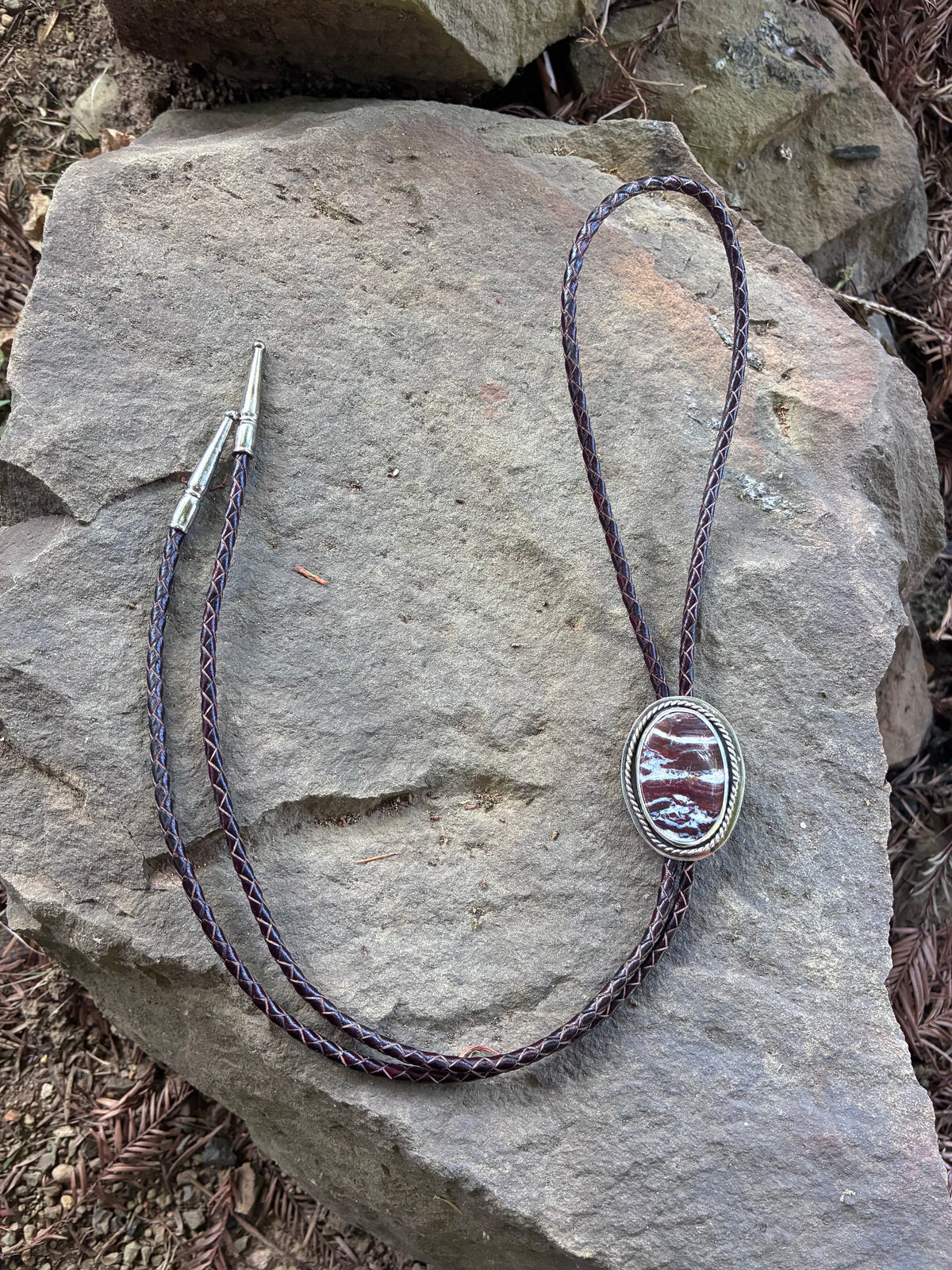 Red Creek Jasper sterling silver bolo tie with braided cord