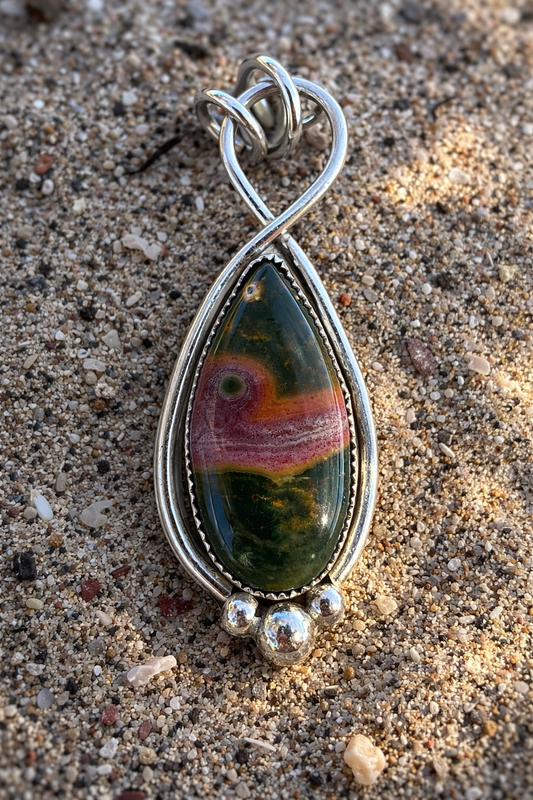 Sterling Silver Ocean Jasper Infinity Pendant Necklace – Statement Jewelry