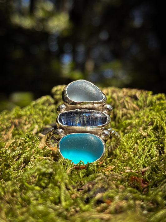 Ocean Totem Ring – Sea Glass, Kyanite & Aqua Glass - Size 11
