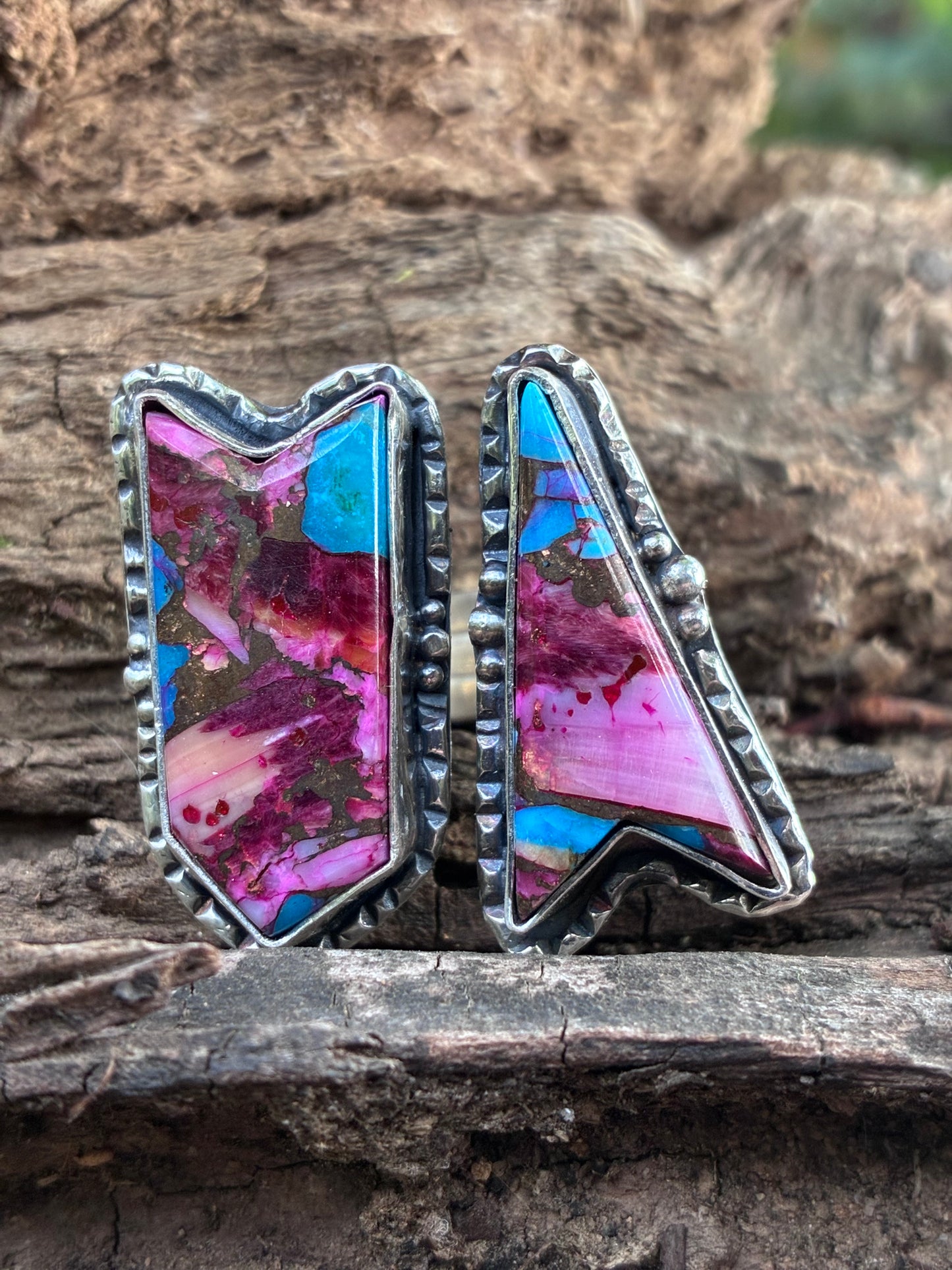 Spiny Oyster & Turquoise Ring — Size 7 Adjustable — Sterling Silver Statement Ring