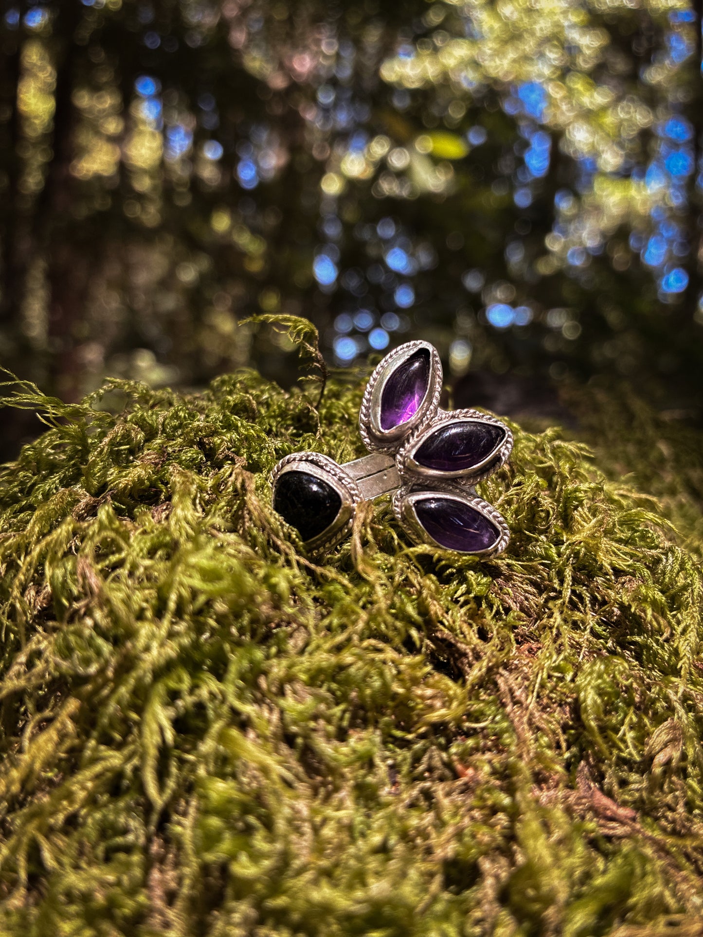 Amethyst & Onyx Triple Moon Ring - Size 4