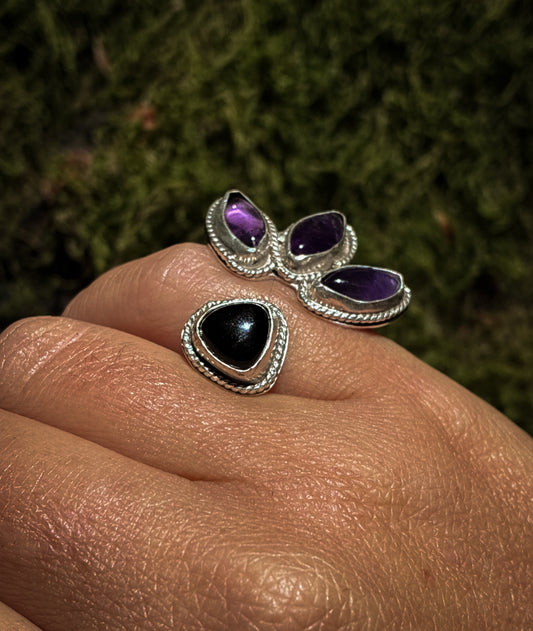 Amethyst & Onyx Triple Moon Ring - Size 4