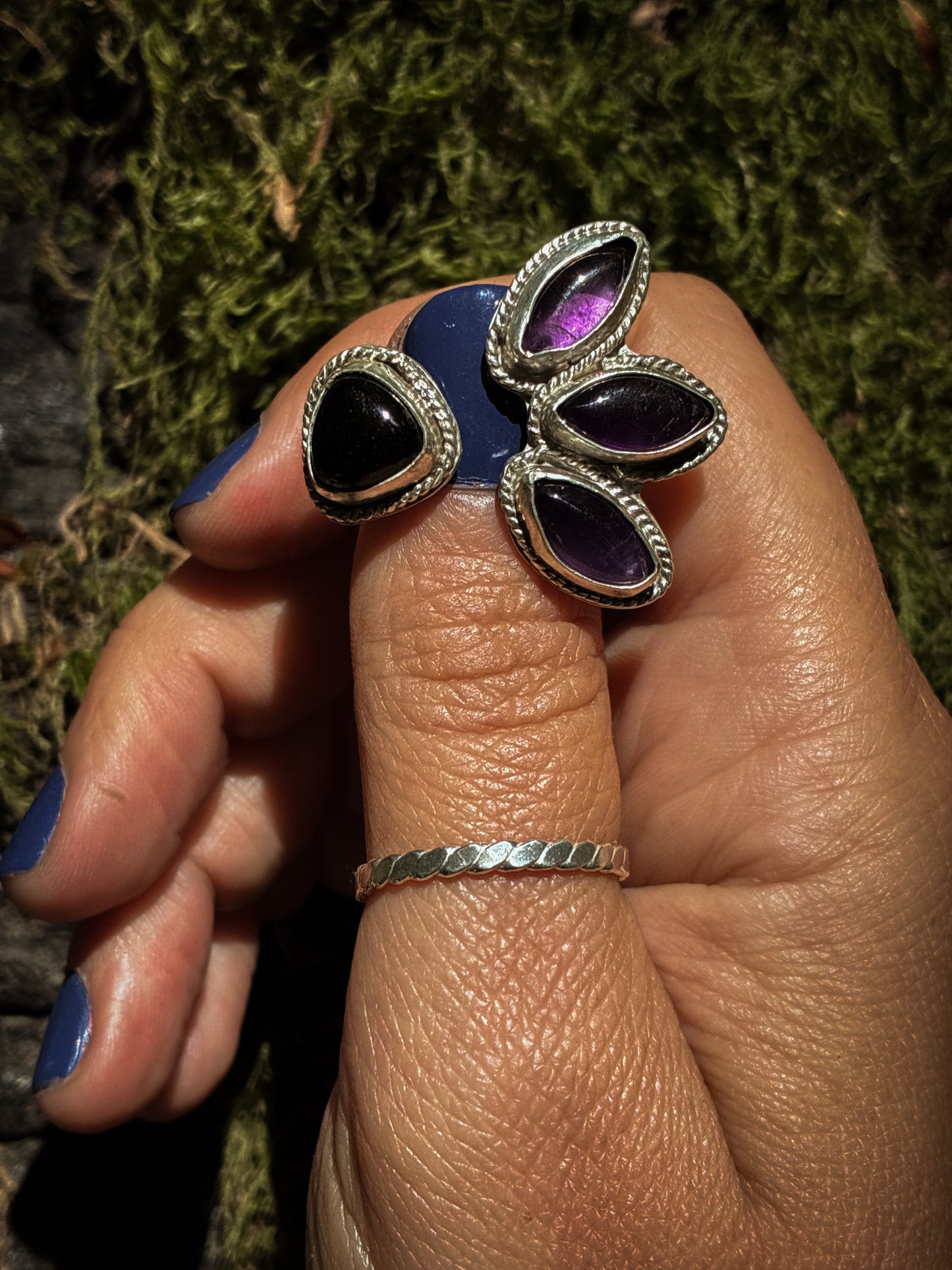 Amethyst & Onyx Triple Moon Ring - Size 4