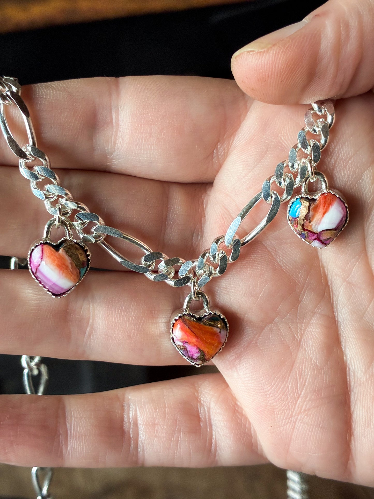 Pink Oyster Shell Triple Heart Charm Necklace – Sterling Silver