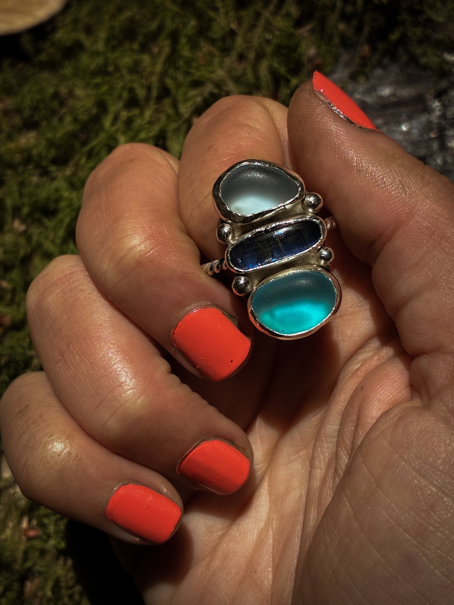 Ocean Totem Ring – Sea Glass, Kyanite & Aqua Glass - Size 11