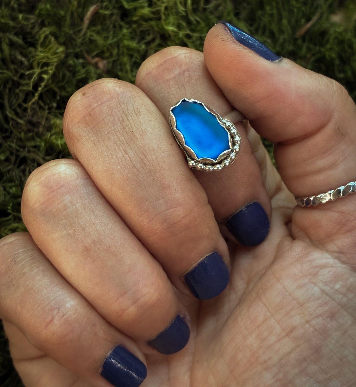 Deep Blue Sea Glass Ring - Size 7