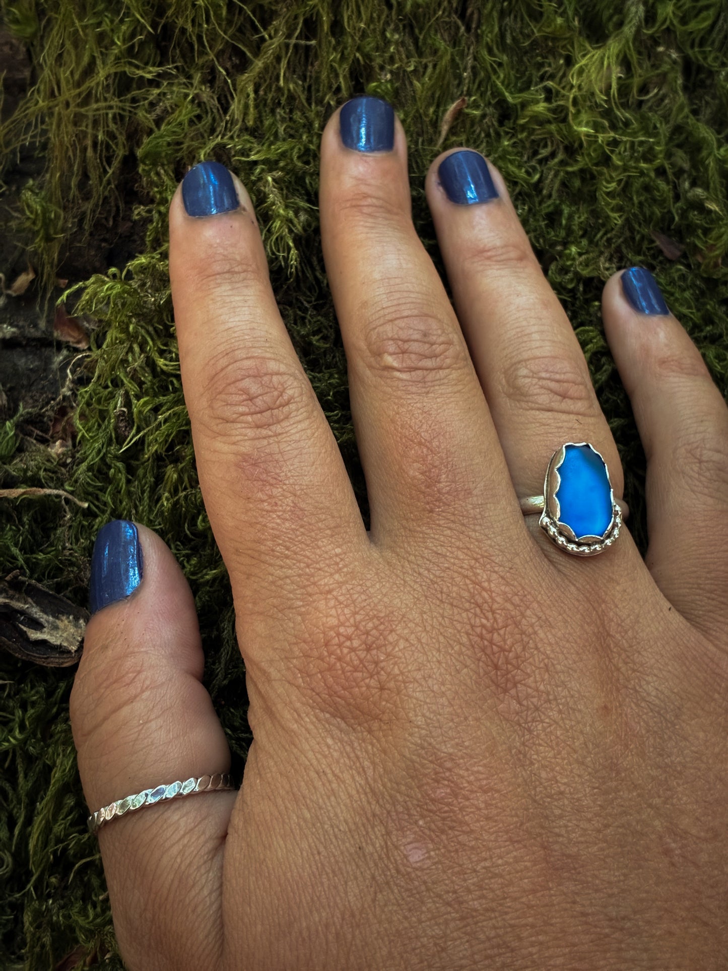 Deep Blue Sea Glass Ring - Size 7
